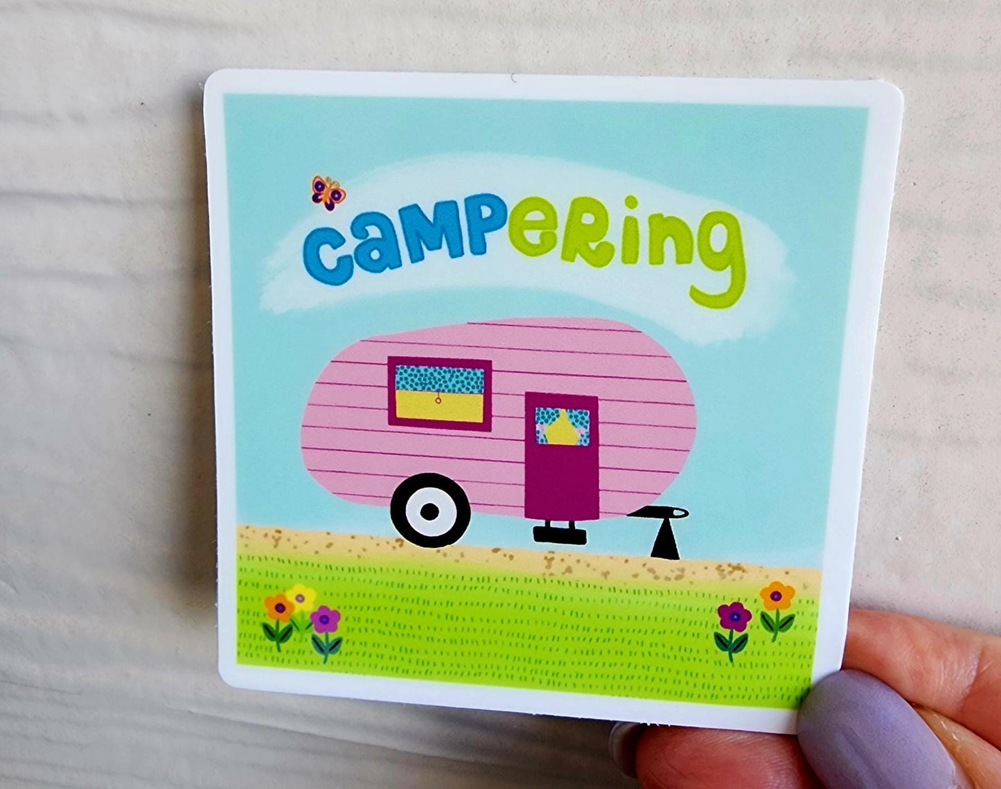 Sticker, Pink Camper "Campering" Design, Vinyl, 3 Inch Square