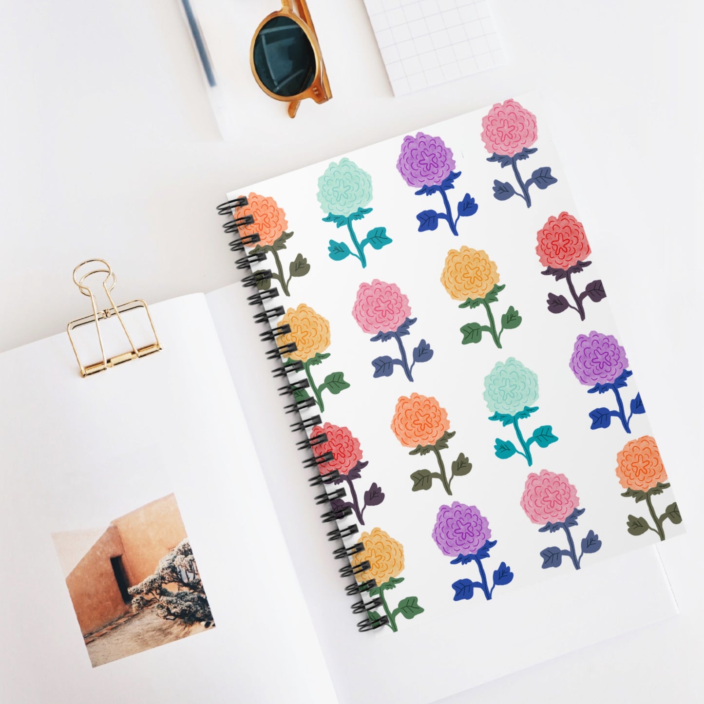 Spiral Notebook, Springtime Floral Design, 6" x 8", Inside Pocket, Lined Pages