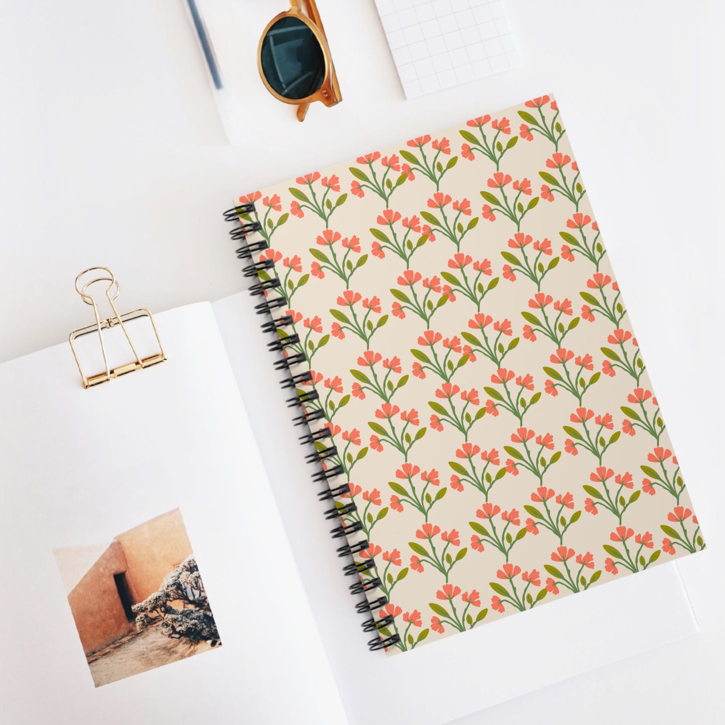 Spiral Notebook, Peachy Pink Floral Rows Design, 6" x 8", Inside Pocket, Lined Paper