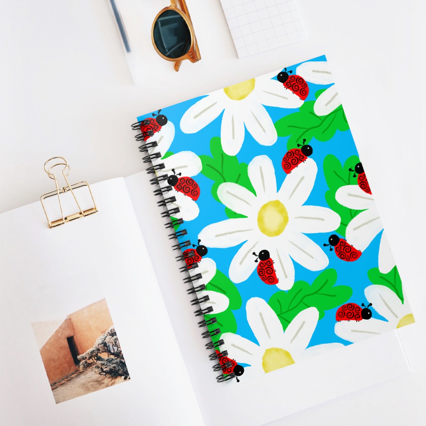 Spiral Notebook, Ladybugs on Flowers Design, 6" x 8", Inside Pocket, Lined Paper