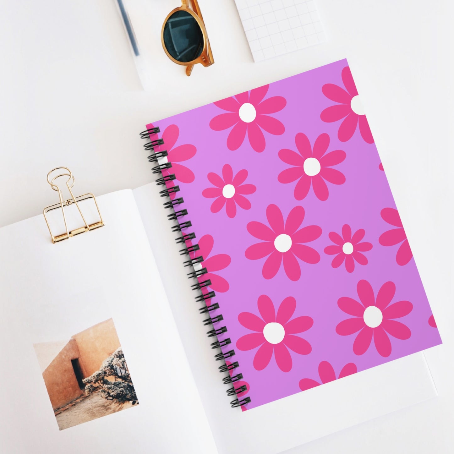Spiral Notebook, Pink Flowers on Lavender Design, 6" x 8", Inside Pocket, Line Pages