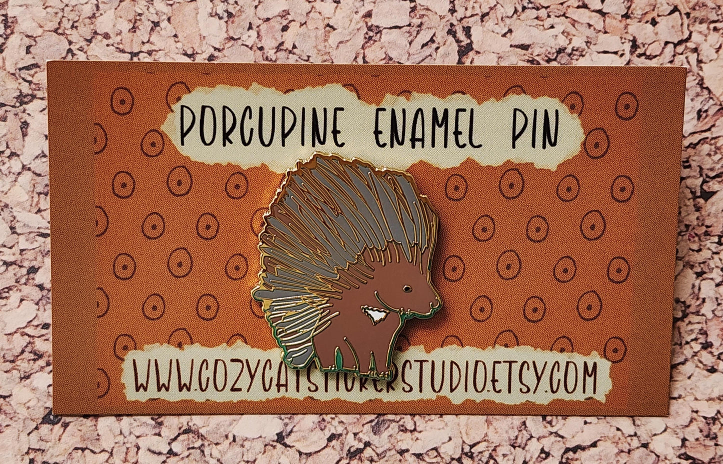 Enamel Pin, Porcupine, Gold Tone Background Border, 1.5 inch