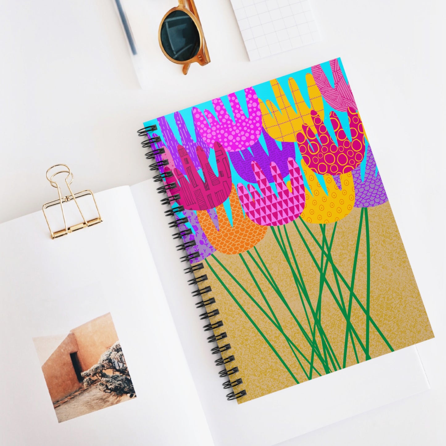 Spiral Notebook, Bright Patterned Floral Bouquet Design, 6" x 8", Inside Pocket, Line Pages