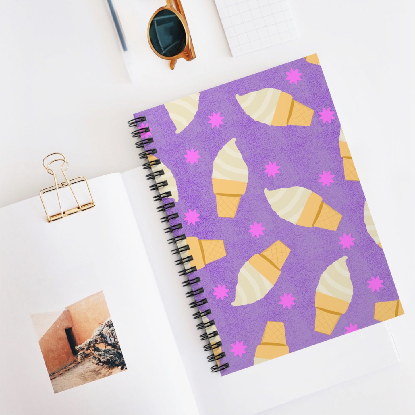 Spiral Notebook, Ice Cream Cones on Purple Design, 6" x 8", Inside Pocket, Line Pages