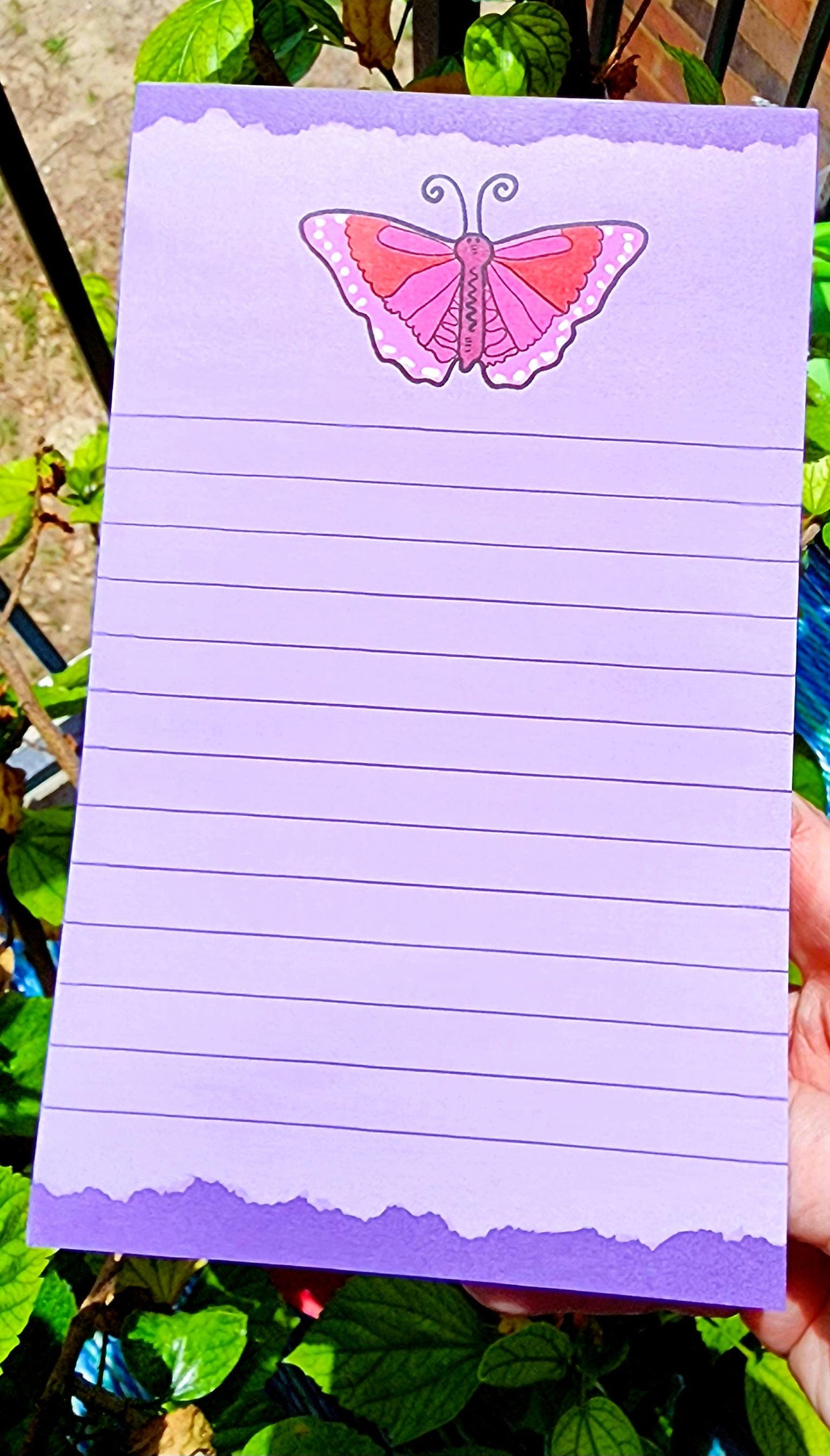 Notepad, Bright Pink Butterfly on Lavender Lined pages, 8" x 5", 50 Sheets