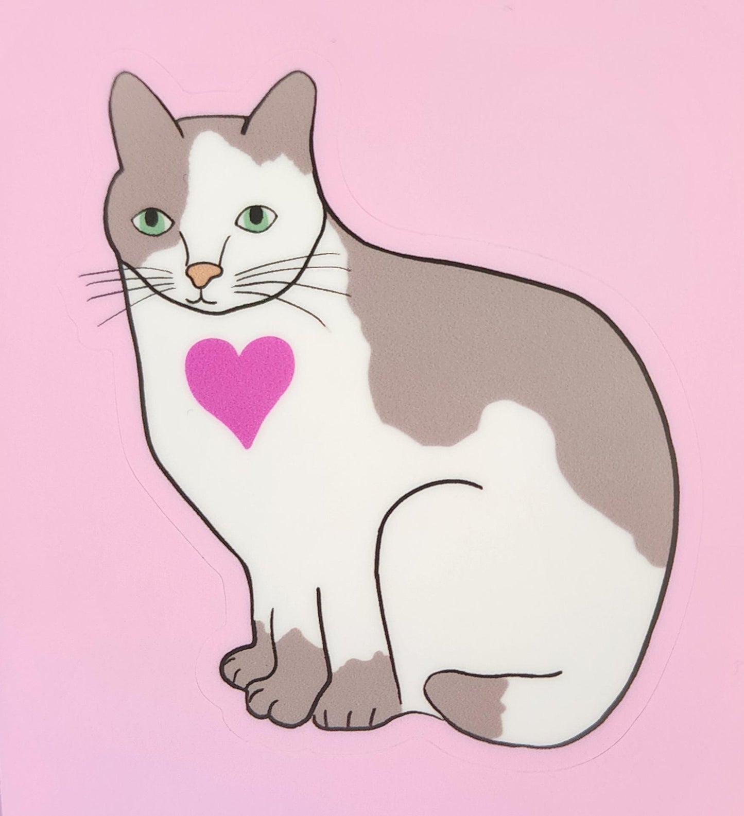 Sticker, Gray and White Cat With heart on Pink Border, Kiss-Cut, Vinyl, 3 Inch