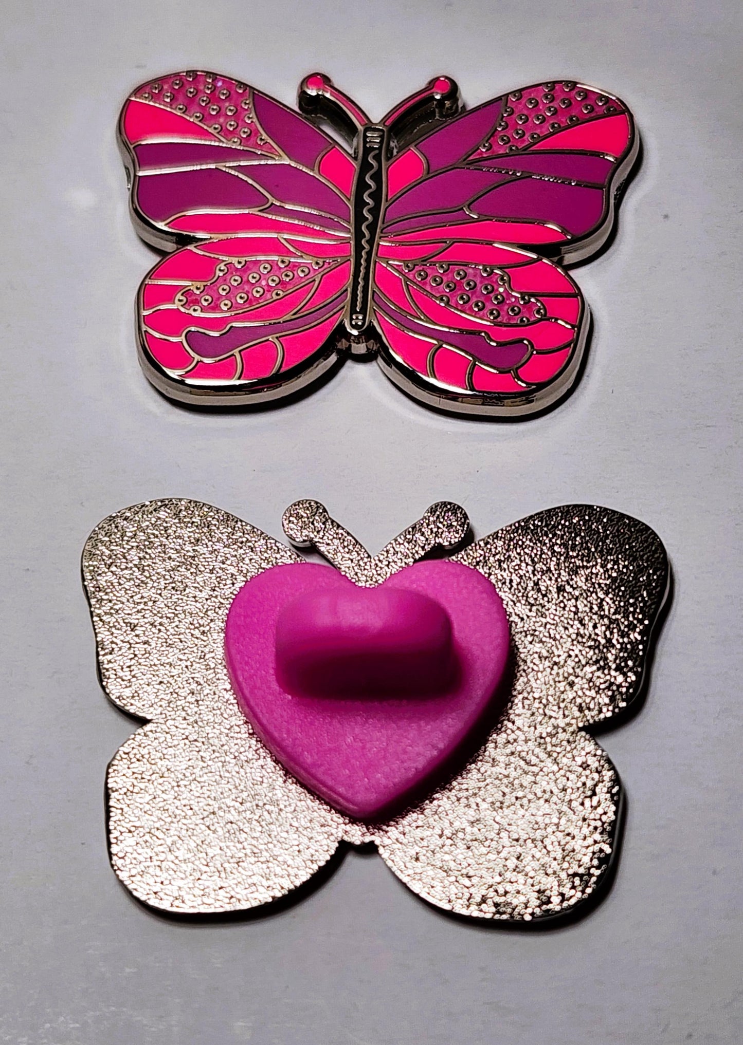 Enamel Pin, Pink Butterfly, Silver Background Border, 1.5 inch