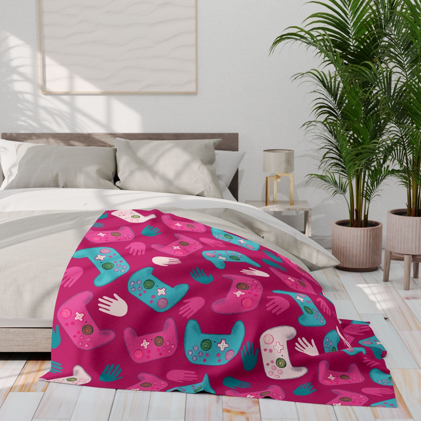 Blanket Fleece Charming Gaming Controller Design on Pink Background, 2 Sizes, Blanket or Throw