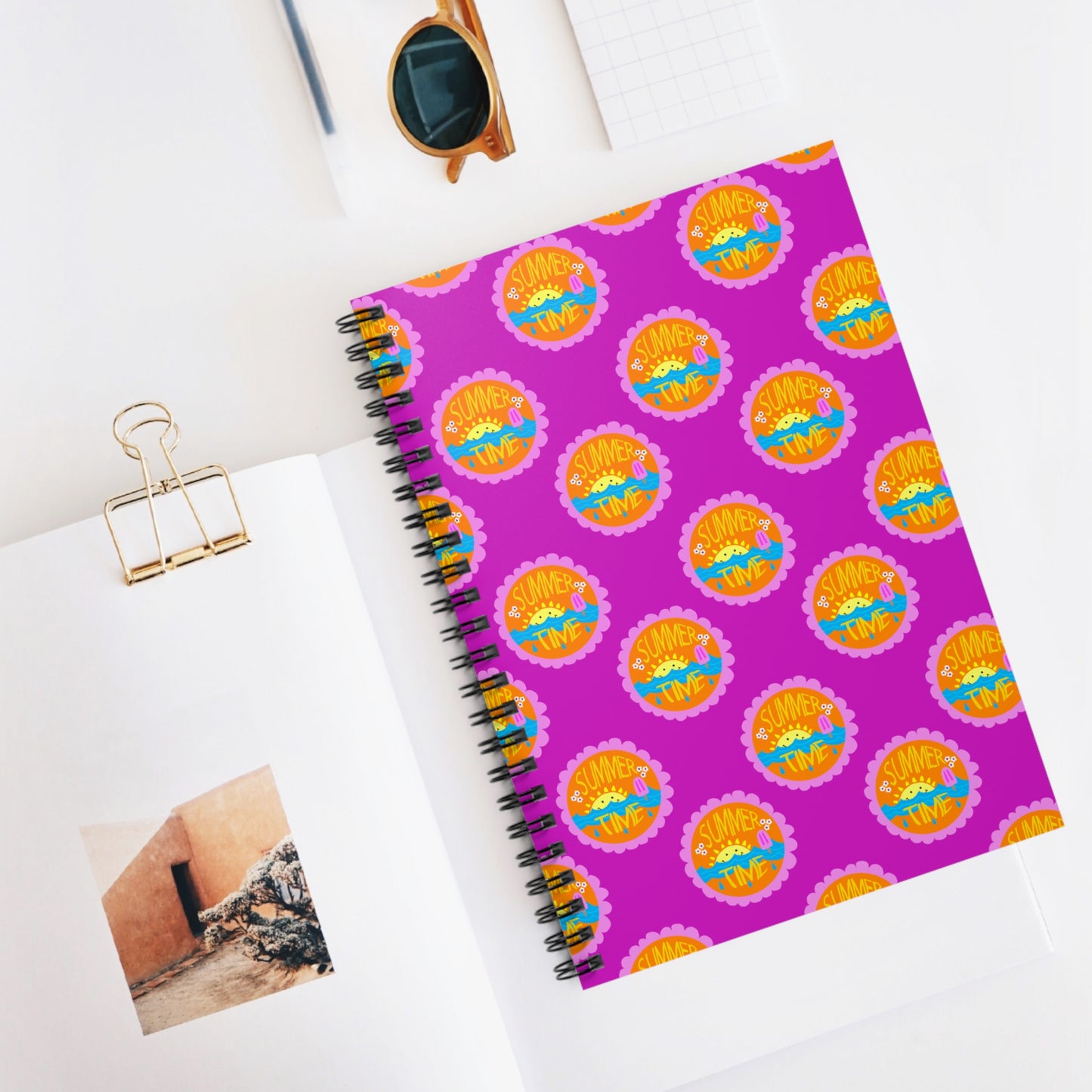 Spiral Notebook, Bright Summer Sunshine Design on Pink, 6" x 8", Inside Pocket, Lined Pages