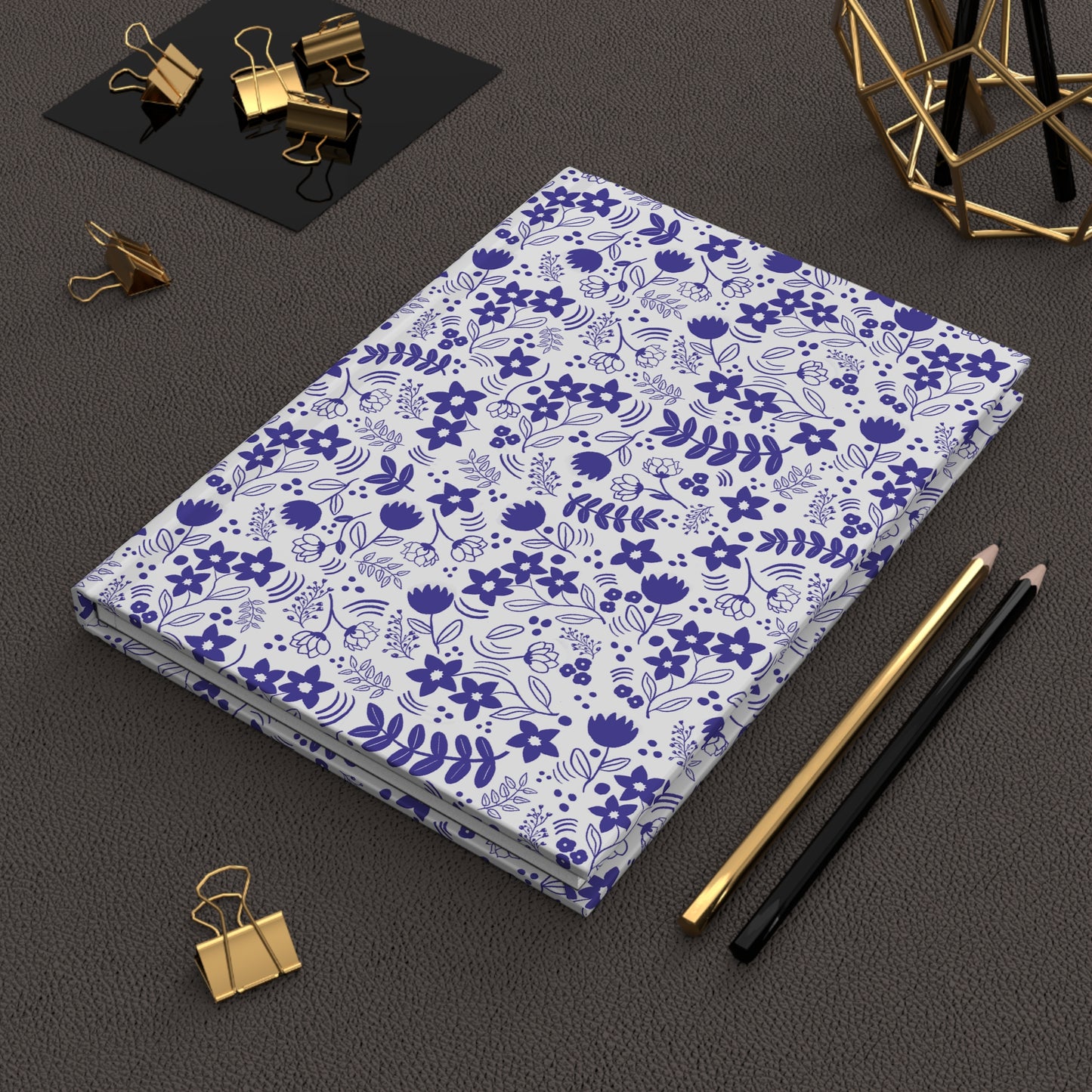 Journal, Hard Cover, Blue and White Floral Design