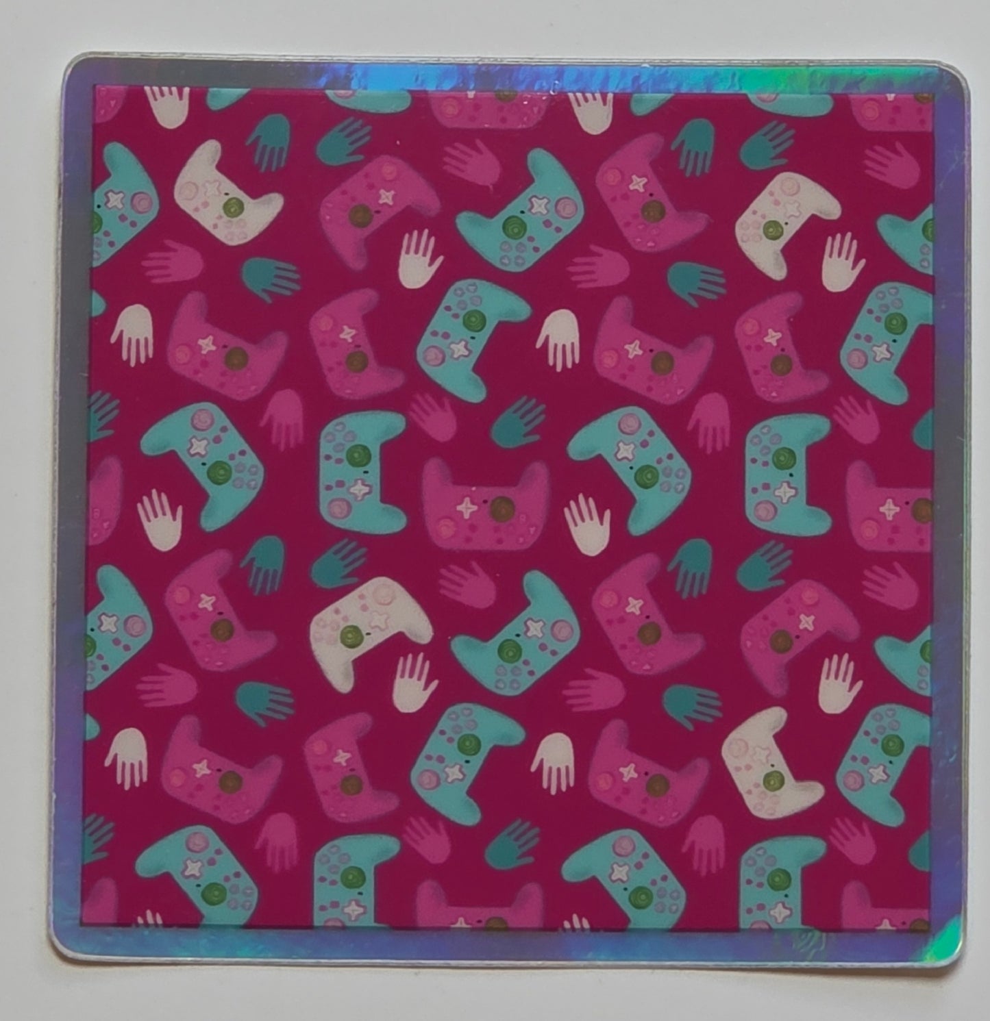 Holographic Sticker, Gamer Design on Pink Background, Square Sticker, Vinyl, 3 Inches