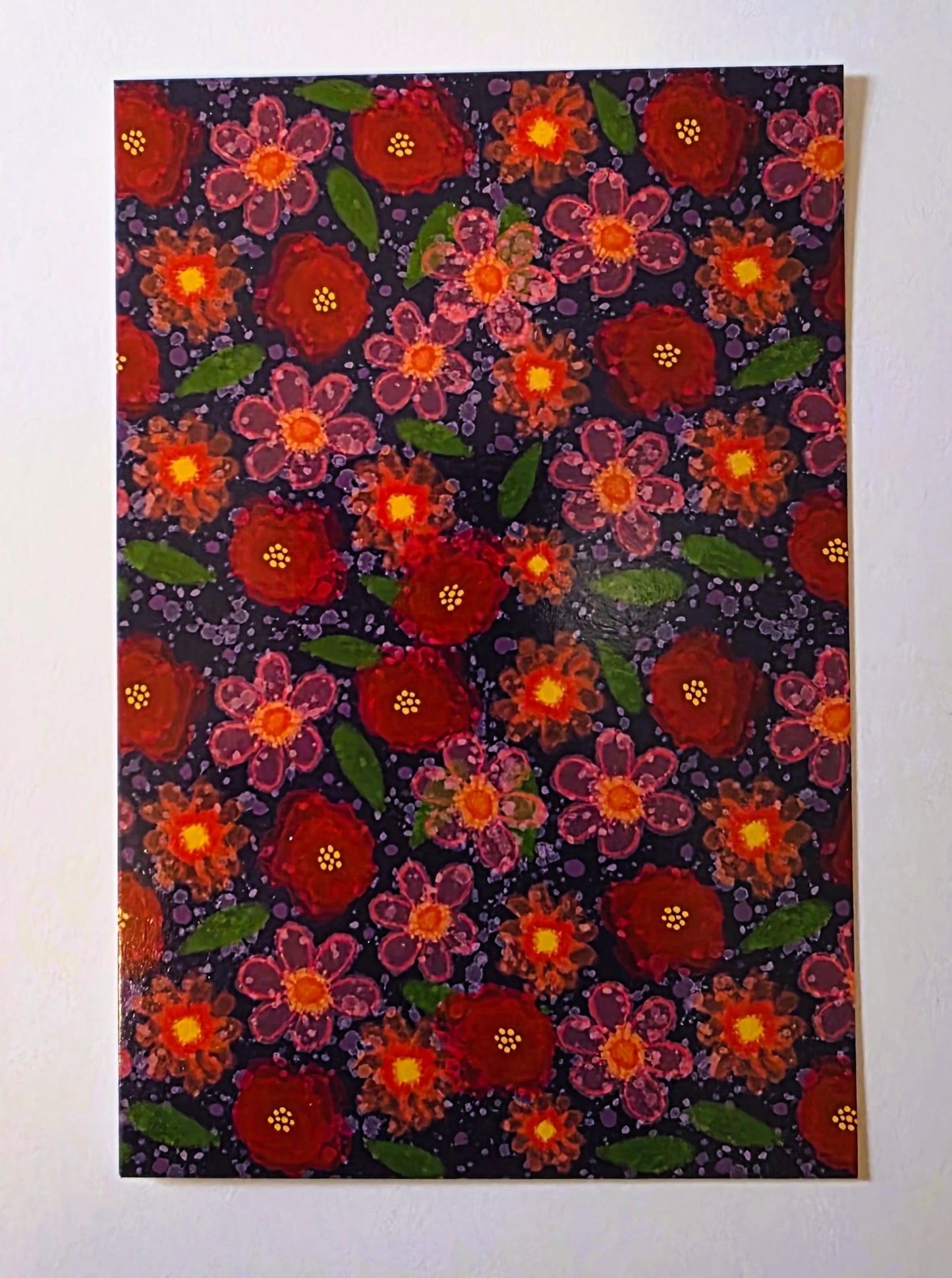 Post Card, Pink and Red Floral on Navy Design, 4" x 6", Blank Back