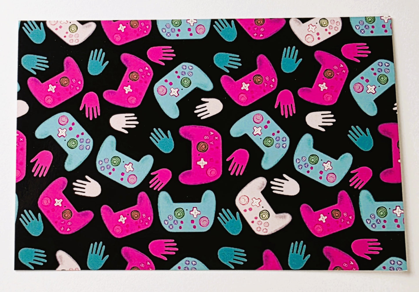 Post Card, Gamer Controller Design in Pink and Teal on Black, 4" x 6", Blank Back