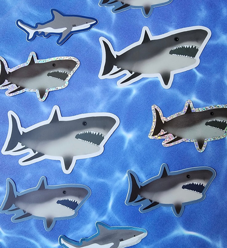 Sticker, Great White Shark, Vinyl, 2 Size Choices + Glitter Option, 3 or 4 Inches, Die-Cut