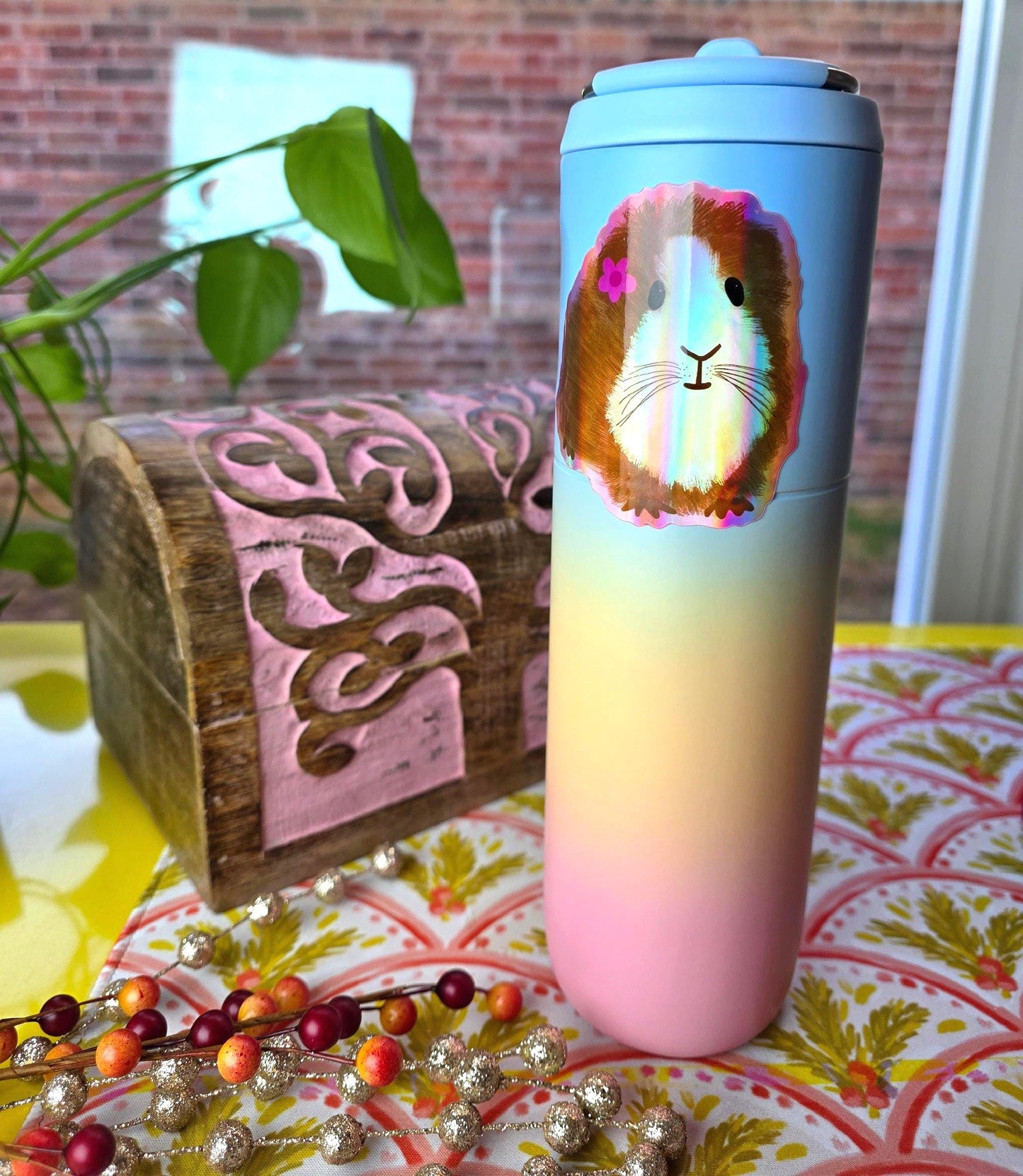 Sticker, Guinea Pig Design, Choose Holographic, White Border or Pink Border, Vinyl, Die-Cut