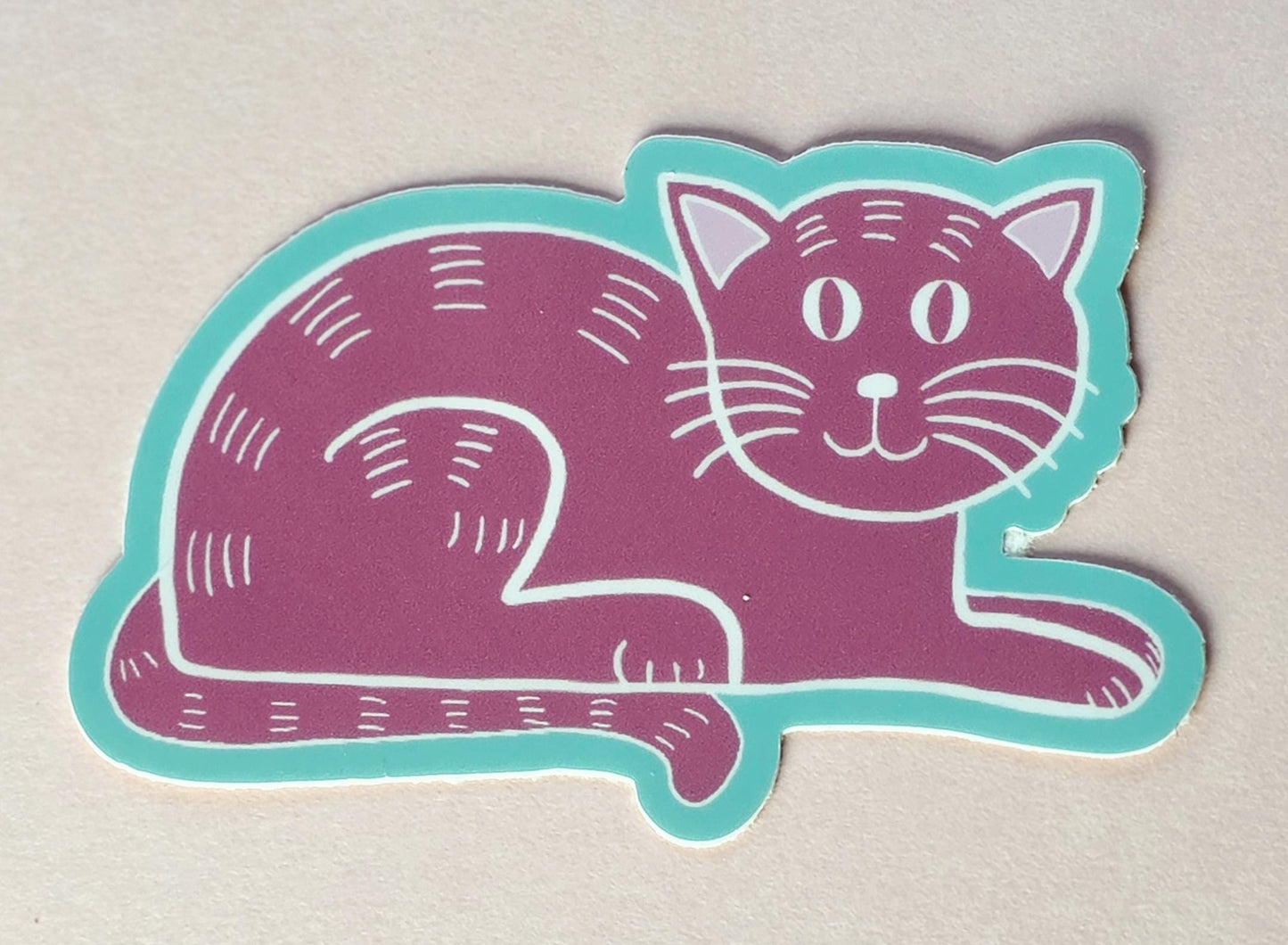 Sticker, Pink Cat on Blue Background, Vinyl, Die-Cut, 3 Inch