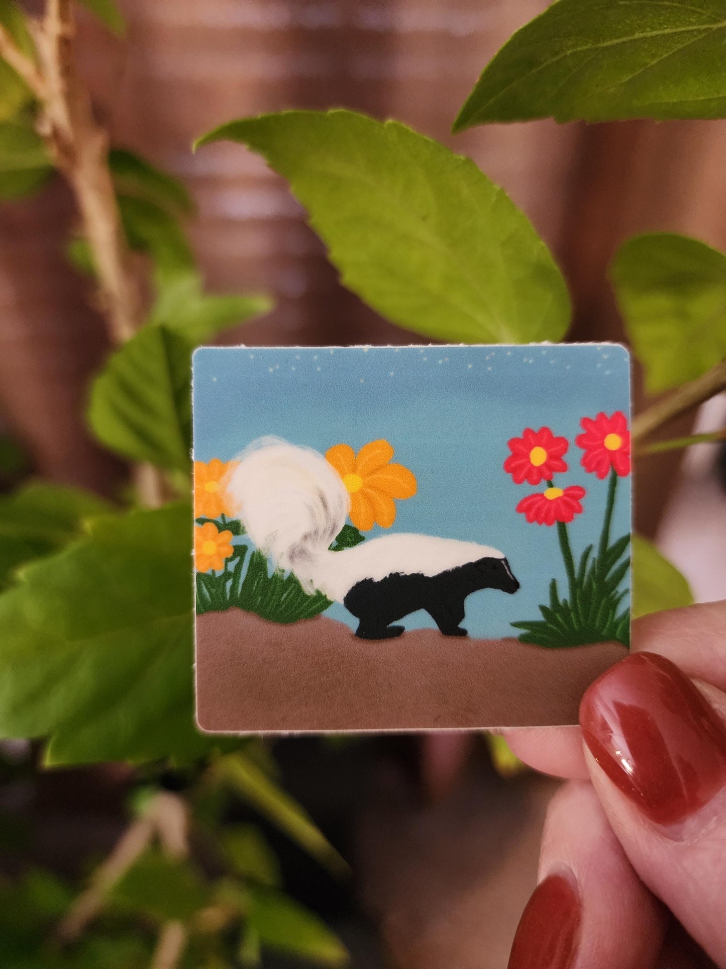 Sticker, Skunk in Flowers Design, Vinyl, 2 Inch Square