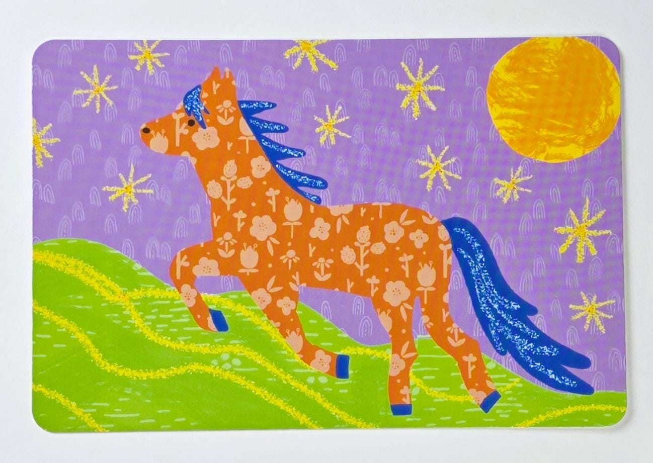 Post Card, Year of the Horse Whimsical Horse Running, 4" x 6", Blank Back, Rounded Corners