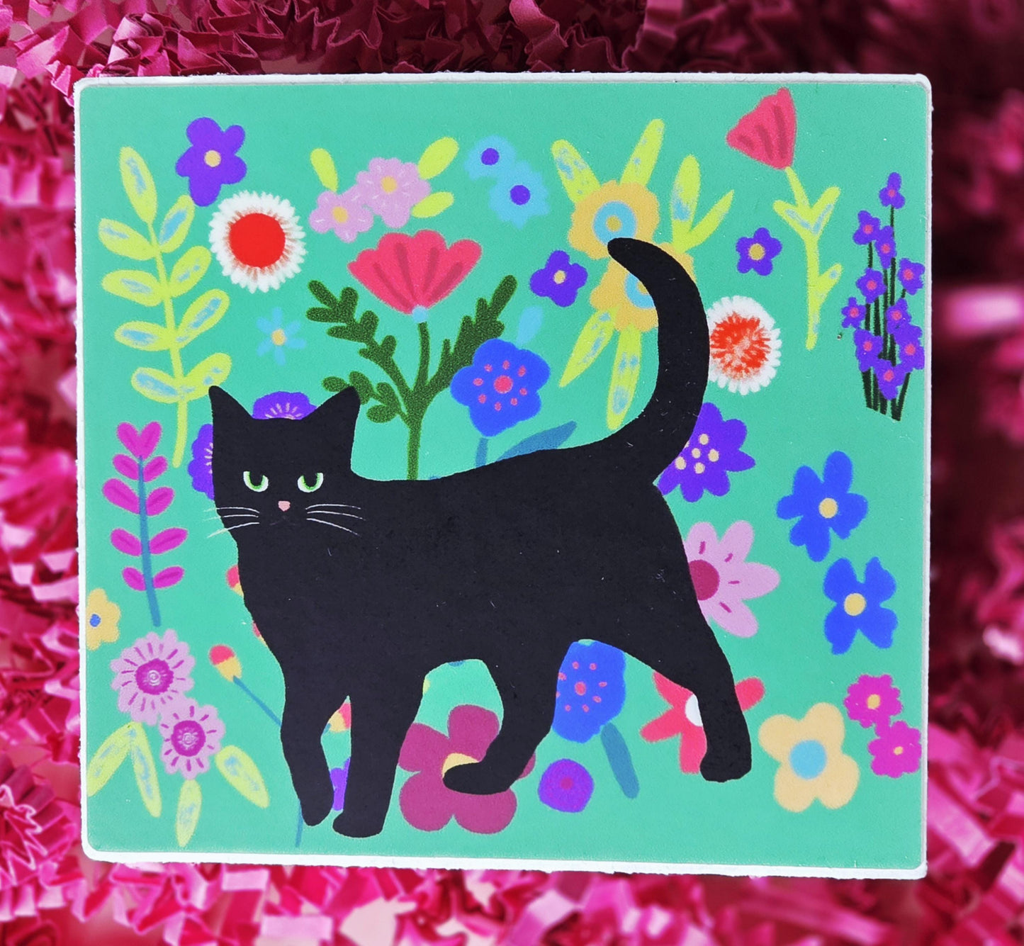 Sticker, Black Cat on Floral or Bows, Vinyl, 3 Inch Square