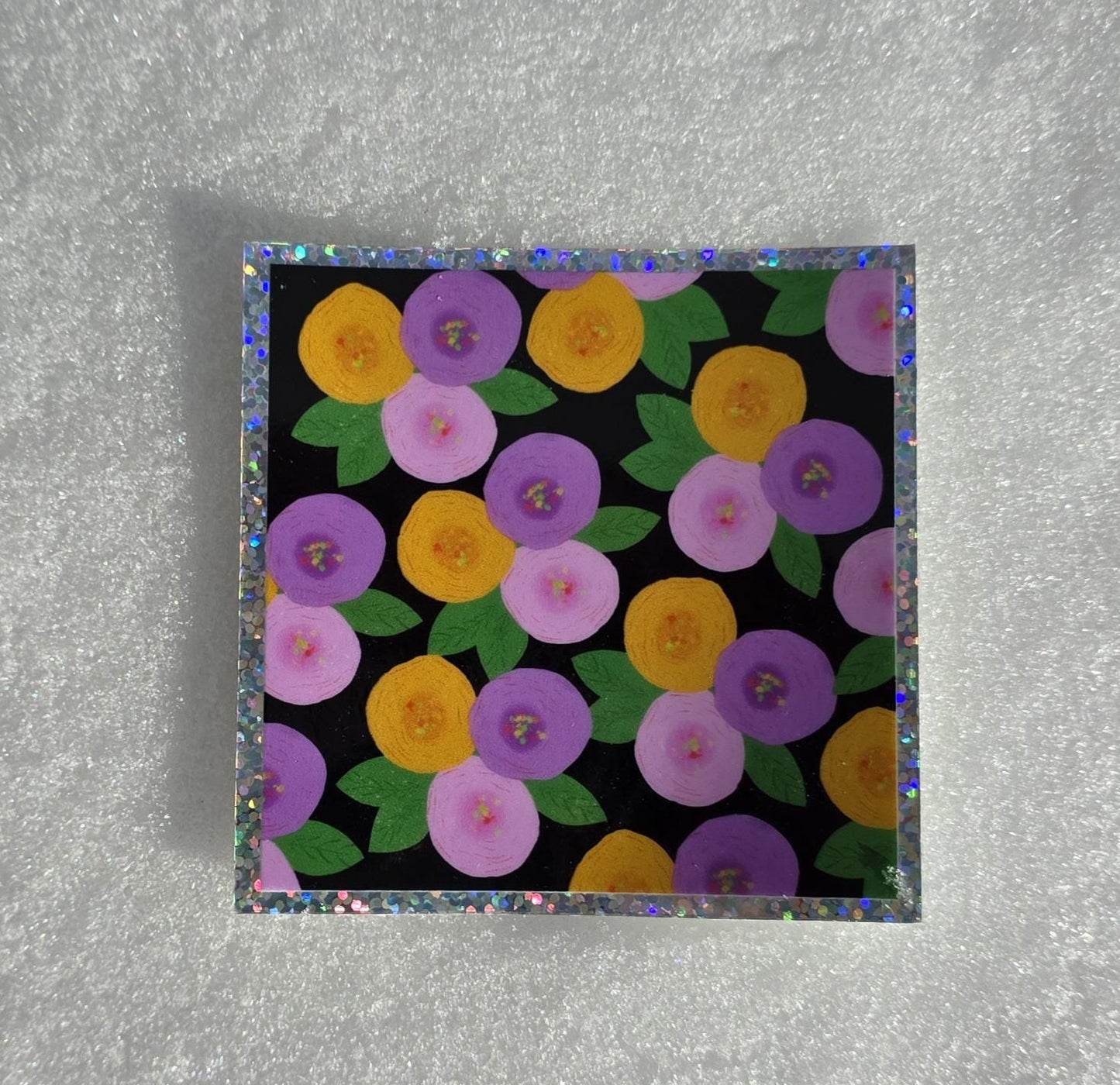Glitter Sticker, Floral Design, Pink, Purple and Gold, Vinyl, Die-Cut, 3 Inch Square