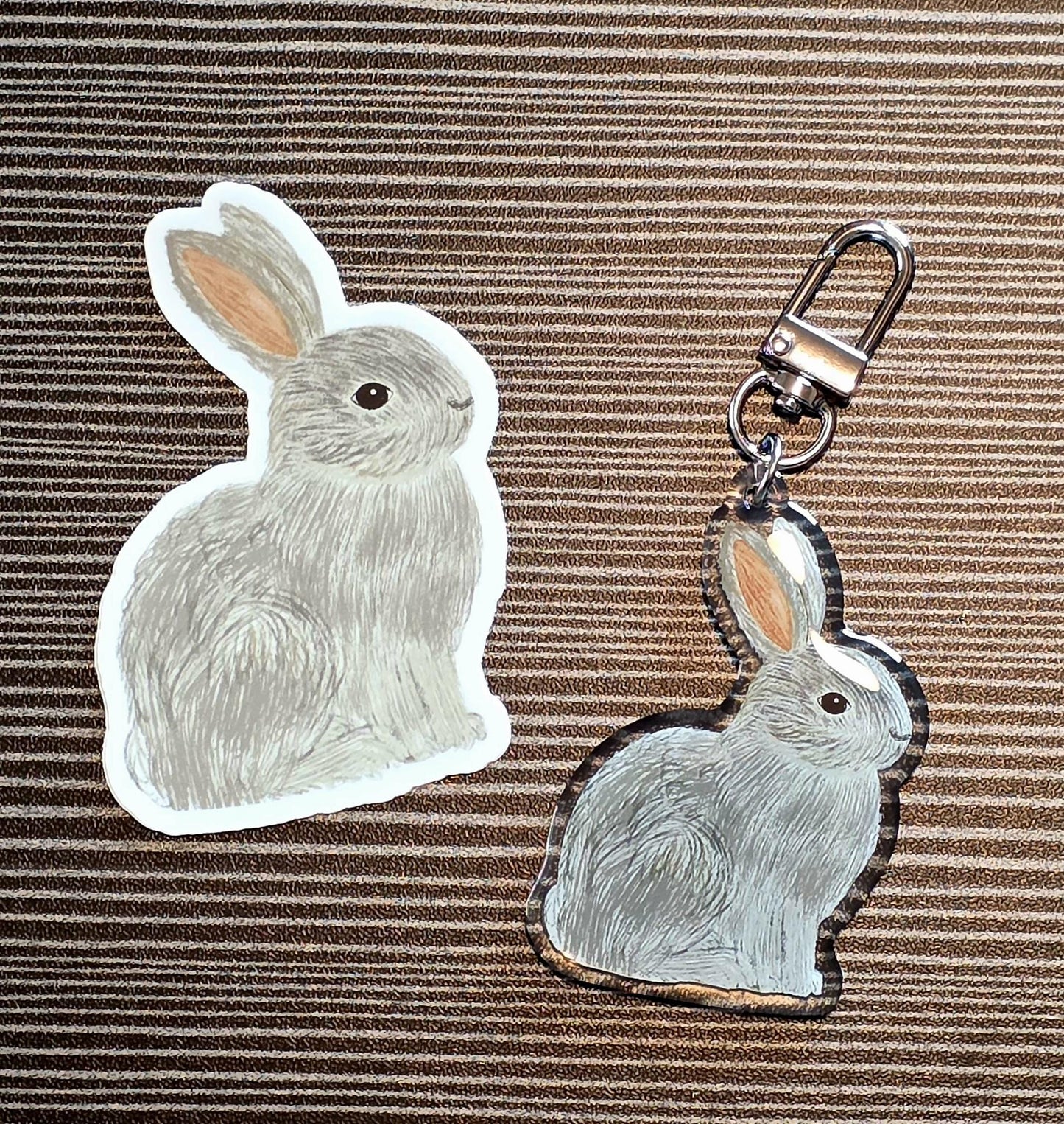 Keychain, Furry Gray Rabbit Design, Acrylic Epoxy on Silver Clasp, 2 inch