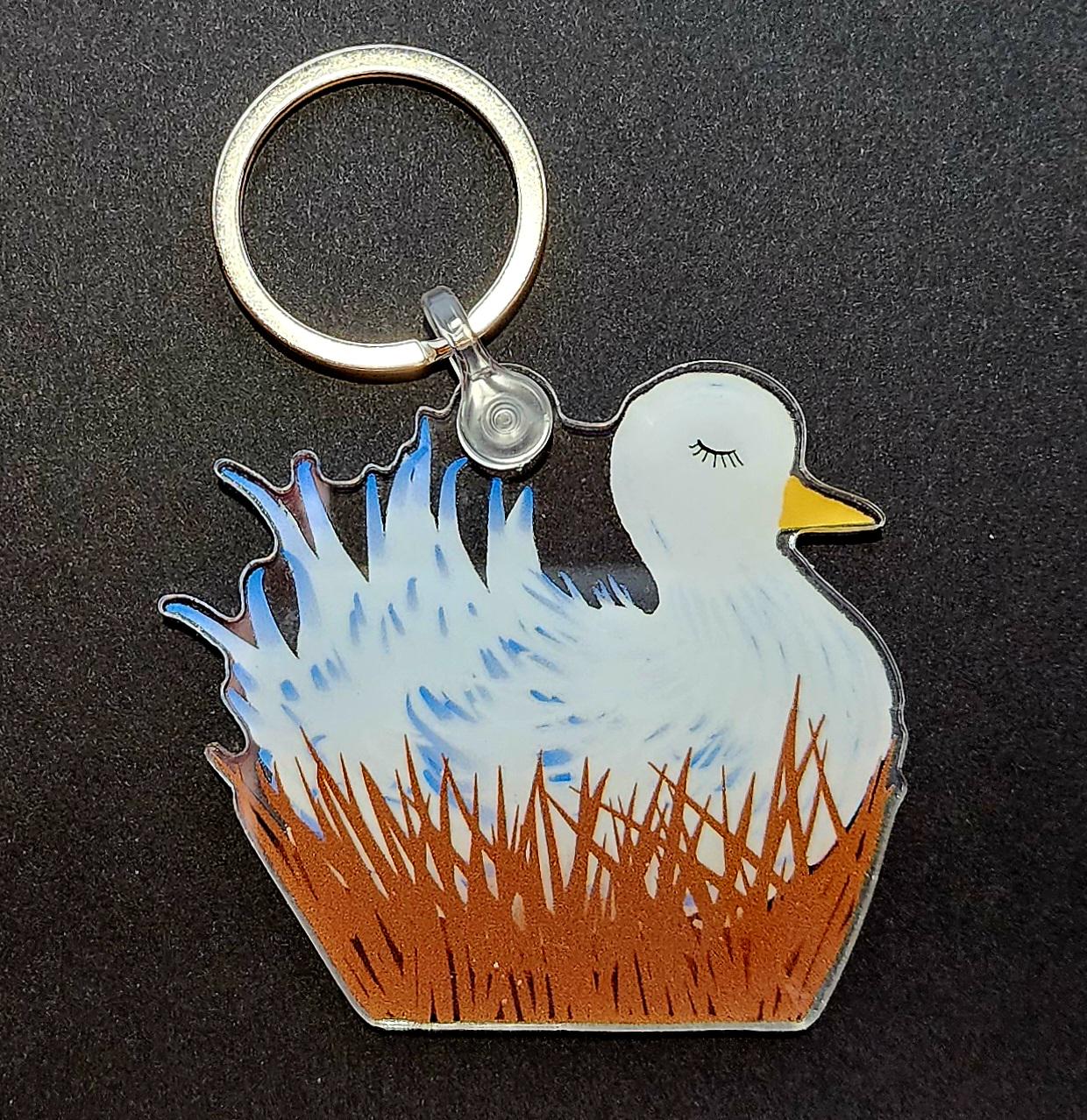 Keychain, Bird in Nest, Acrylic on Silver Keychain, 2 inches