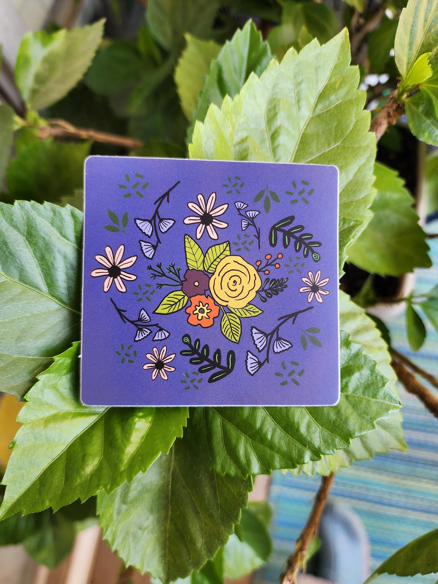 Sticker, Blue Floral, Vinyl, 3 Inch Square