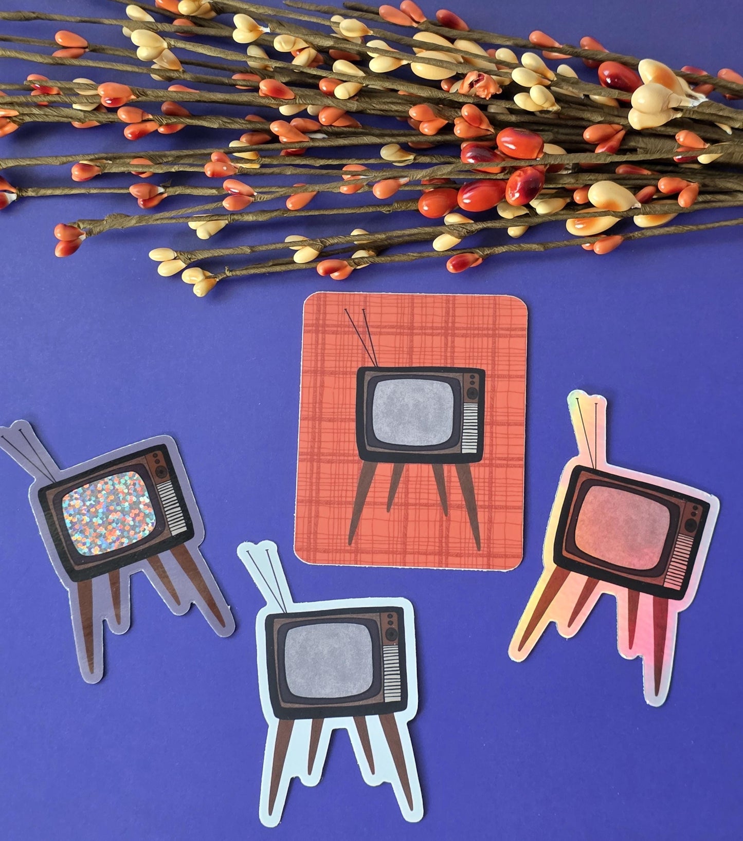 Sticker, Vintage Television Design, TVs, Choose Glitter, Holographic or Square Pattern, Vinyl 3 Inches