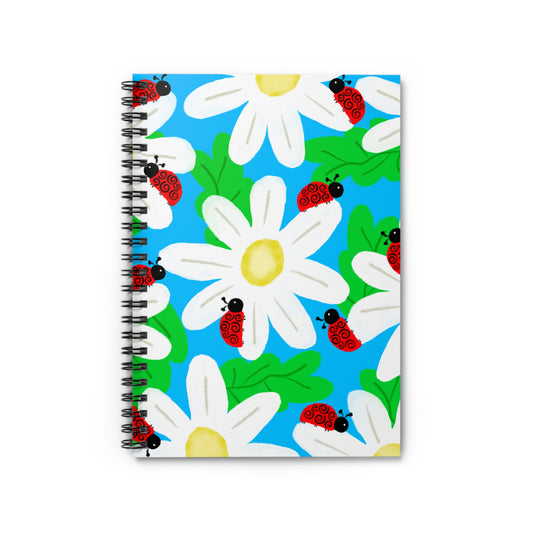 Spiral Notebook, Ladybugs on Flowers Design, 6" x 8", Inside Pocket, Lined Paper