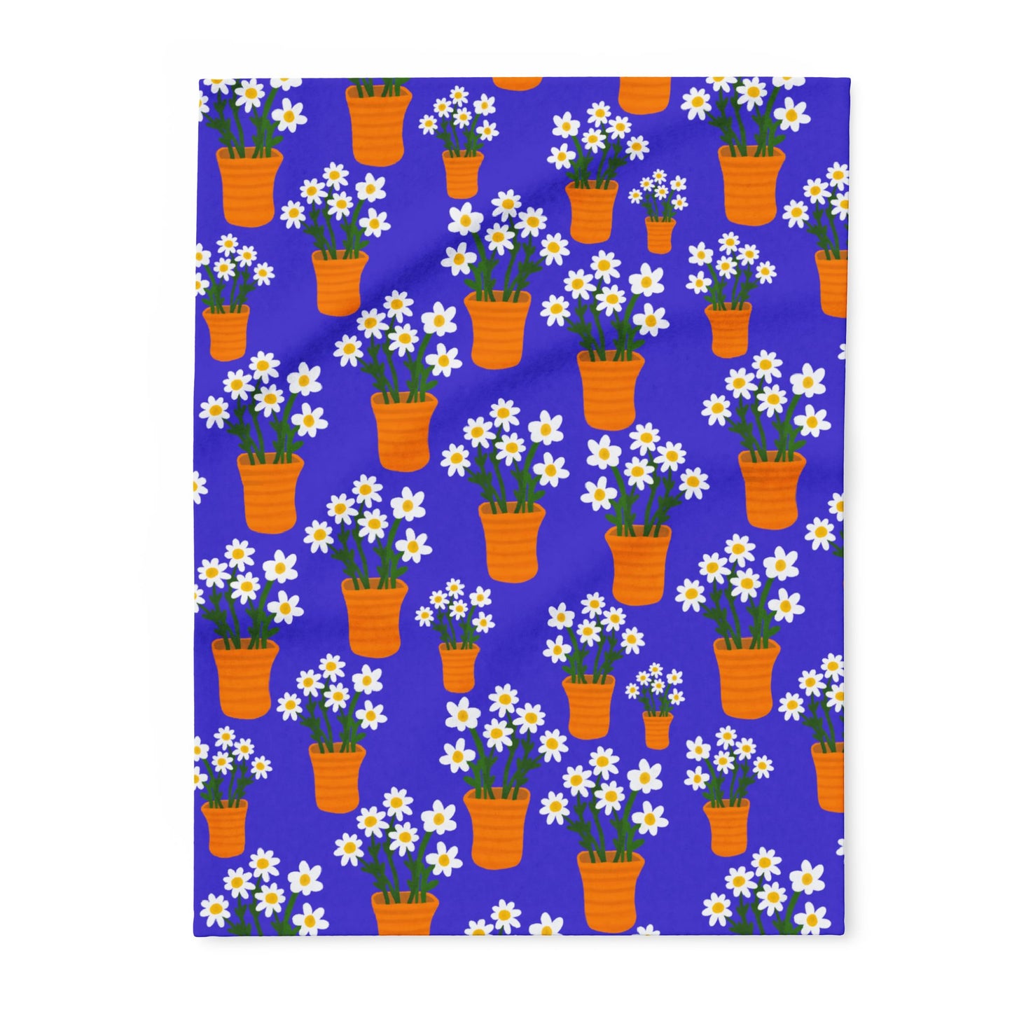 Blanket Fleece With Charming Daisy Design on Blue Background, 2 Sizes, Blanket or Throw