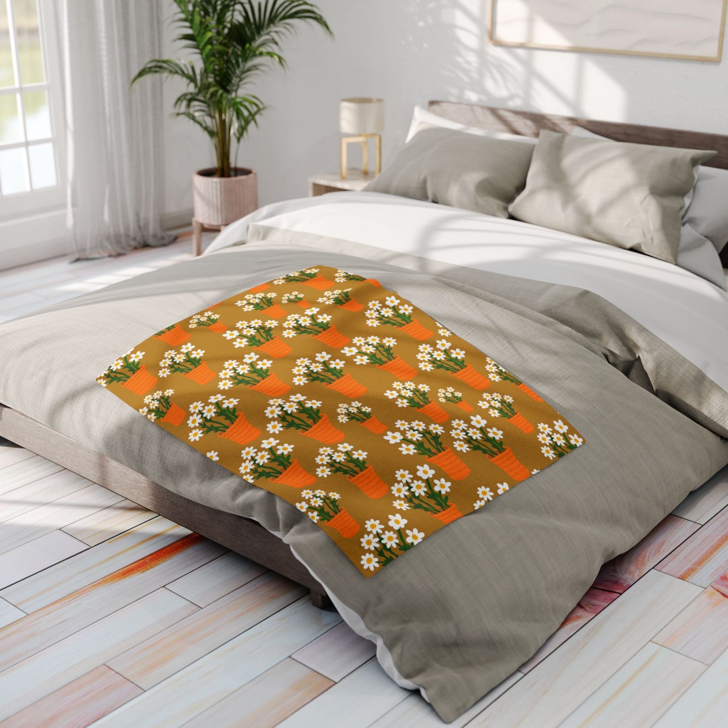 Blanket Fleece With Charming Daisy Design in Terracotta Pots on Golden Background, 2 Sizes, Blanket or Throw
