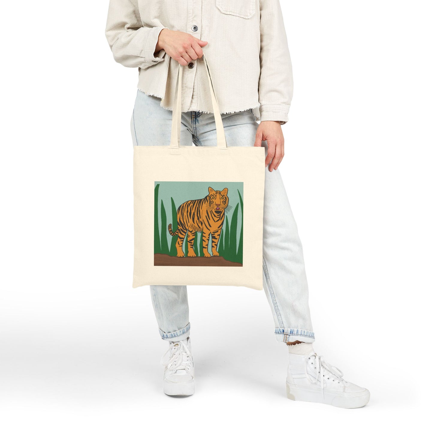 Tote Bag, Tiger in Grass Design, Cotton Canvas, Natural or Black, 15" x 16"