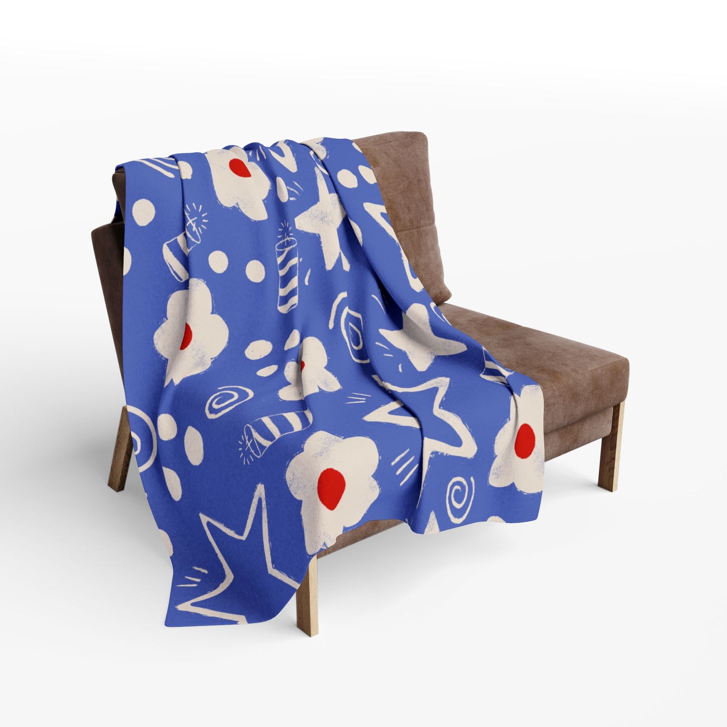 Blanket Fleece With Charming Red, White and Blue Floral and Stars Design, 2 Sizes, Blanket or Throw