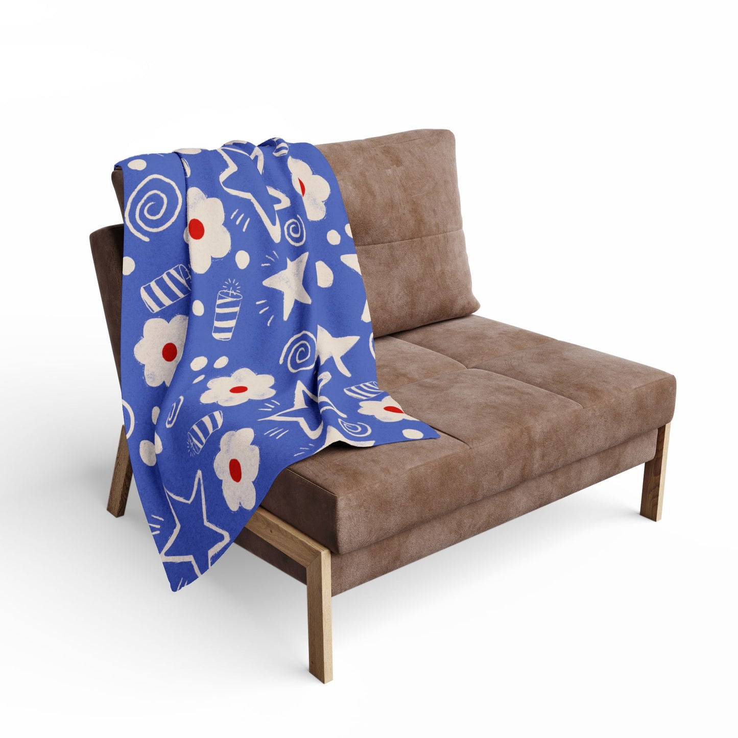 Blanket Fleece With Charming Red, White and Blue Floral and Stars Design, 2 Sizes, Blanket or Throw