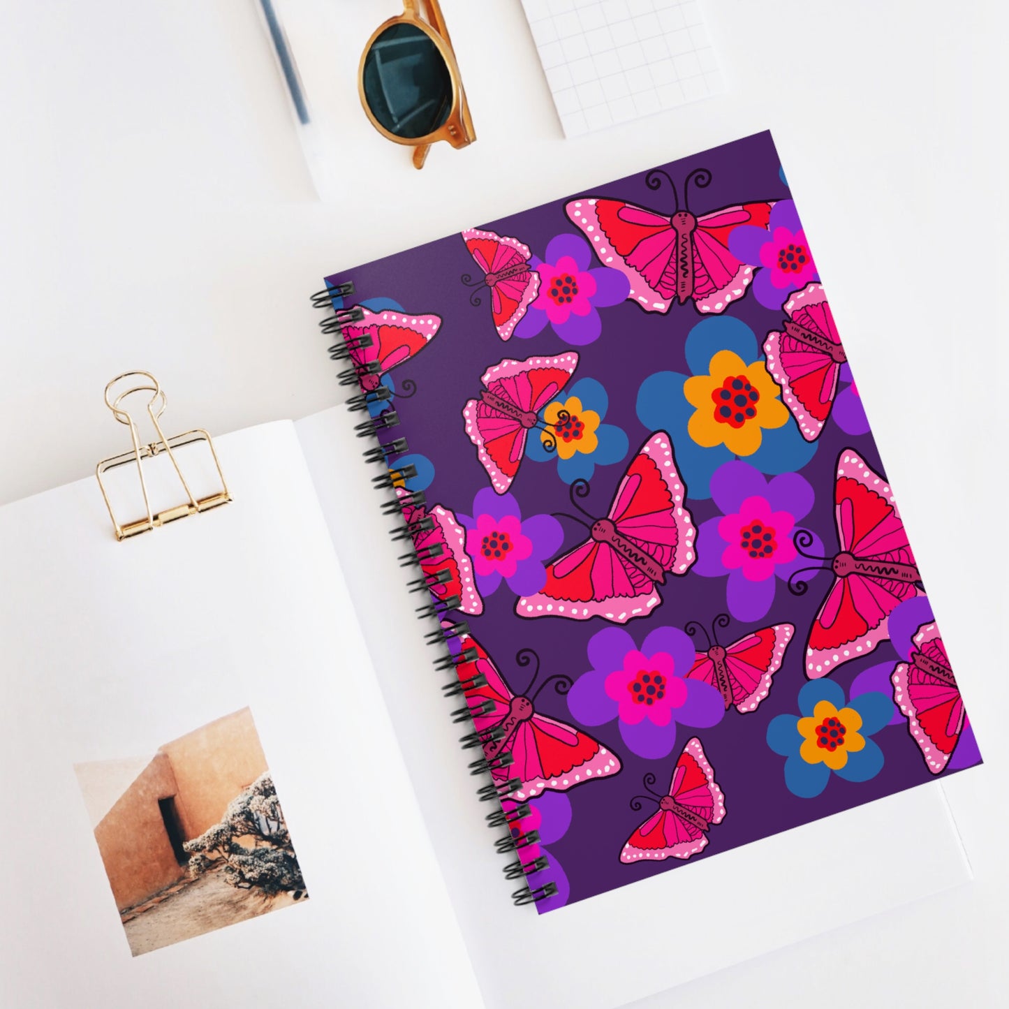 Spiral Notebook, Butterfly, Bold Pink and Purple Design, 6" x 8", Inside Pocket, Line Pages