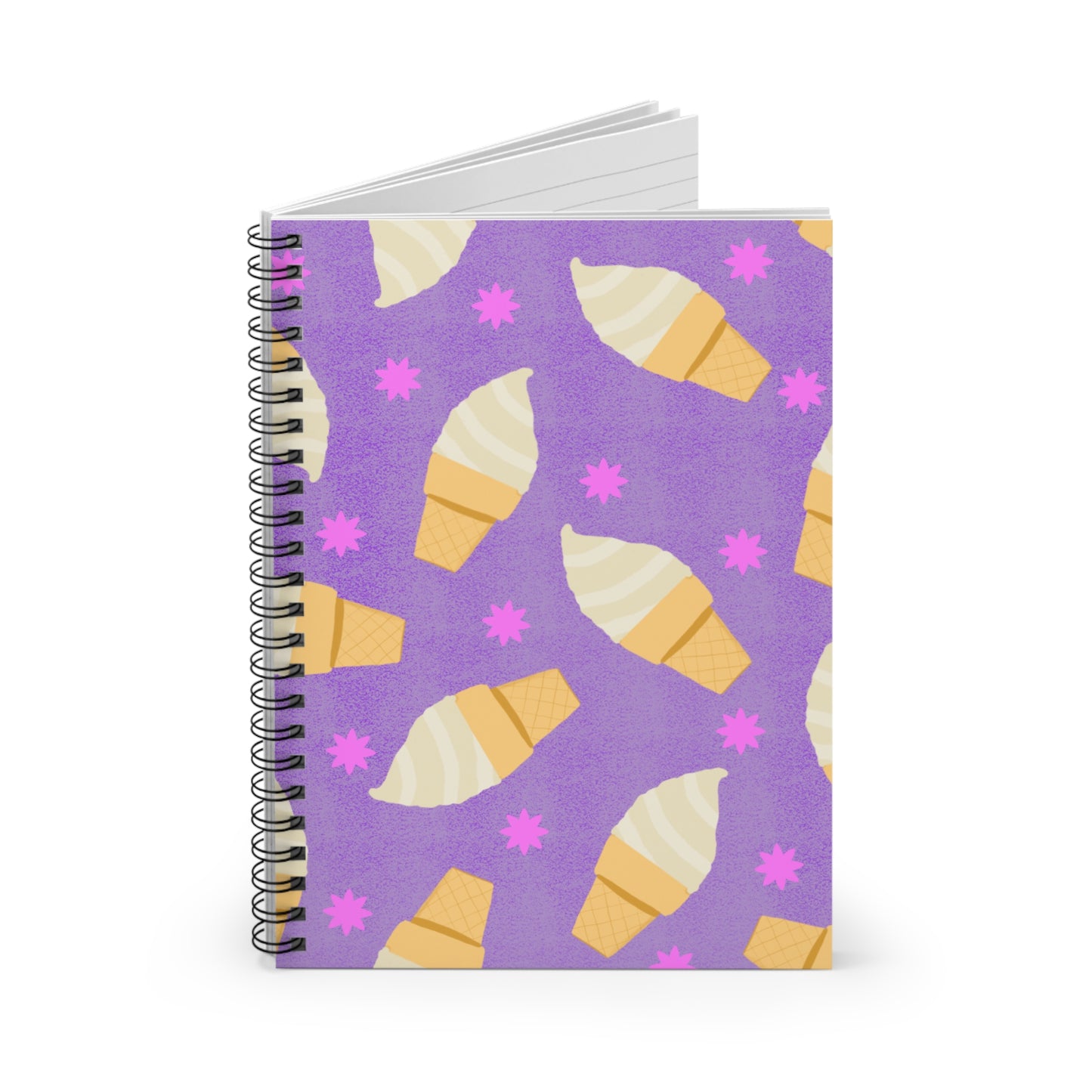 Spiral Notebook, Ice Cream Cones on Purple Design, 6" x 8", Inside Pocket, Line Pages