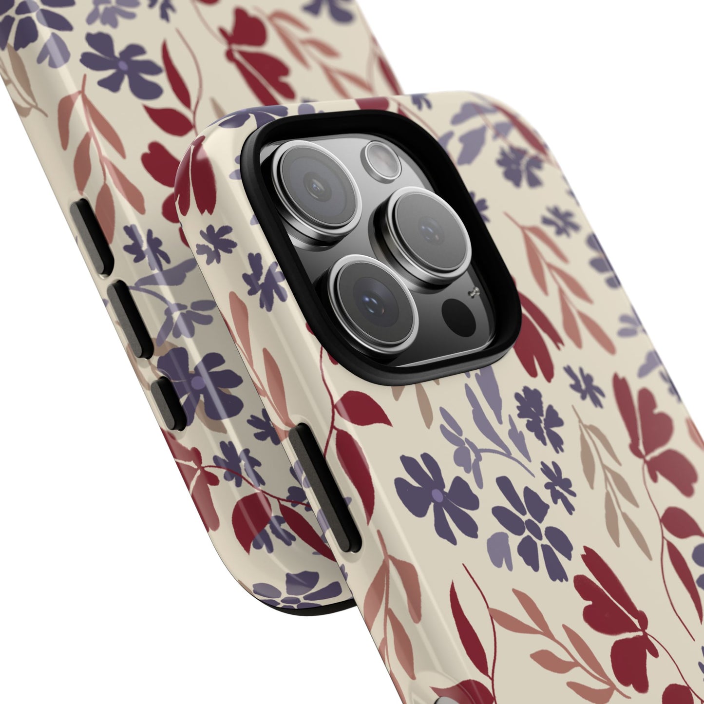 Phone Case, Floral Design Burgundy and Blue on Beige, Tough Phone Case