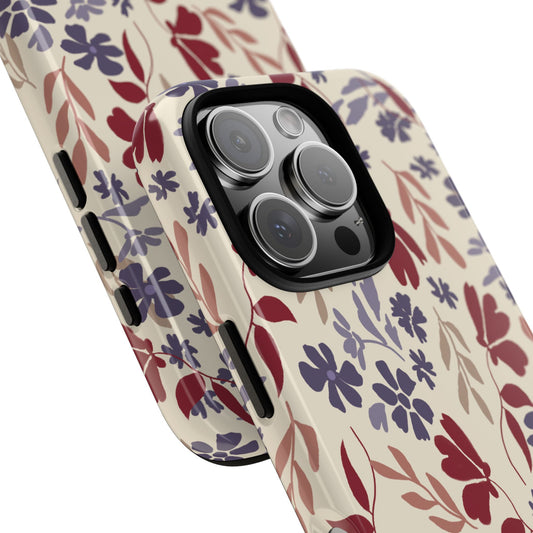 Phone Case, Floral Design Burgundy and Blue on Beige, Tough Phone Case