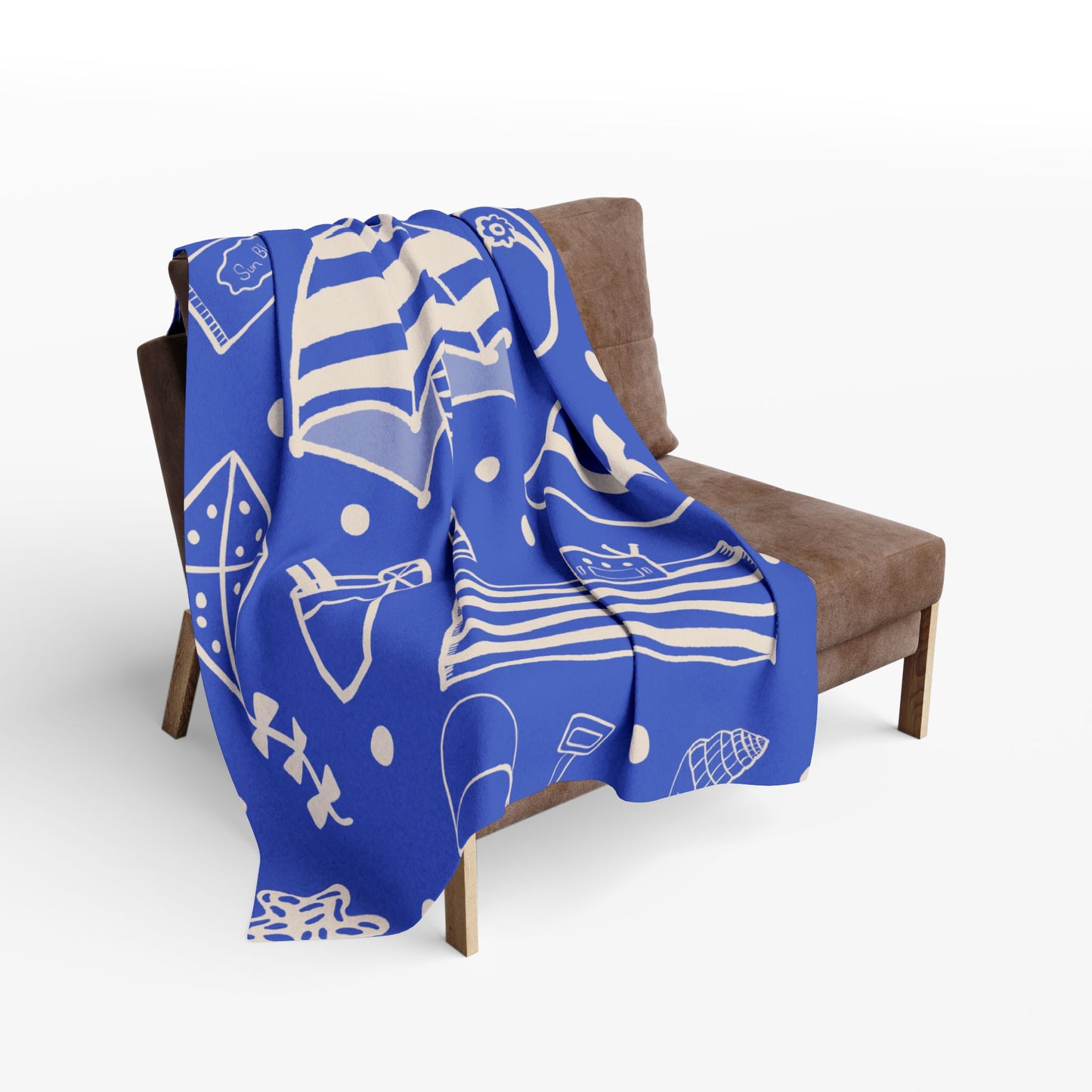 Blanket Fleece With Charming Beach Design on Blue Background, 2 Sizes, Blanket or Throw
