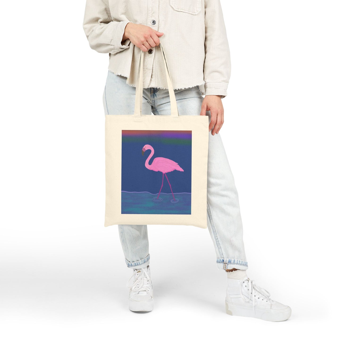 Tote Bag, Flamingo Design, Cotton Canvas, Black or Natural, 15" x 16"