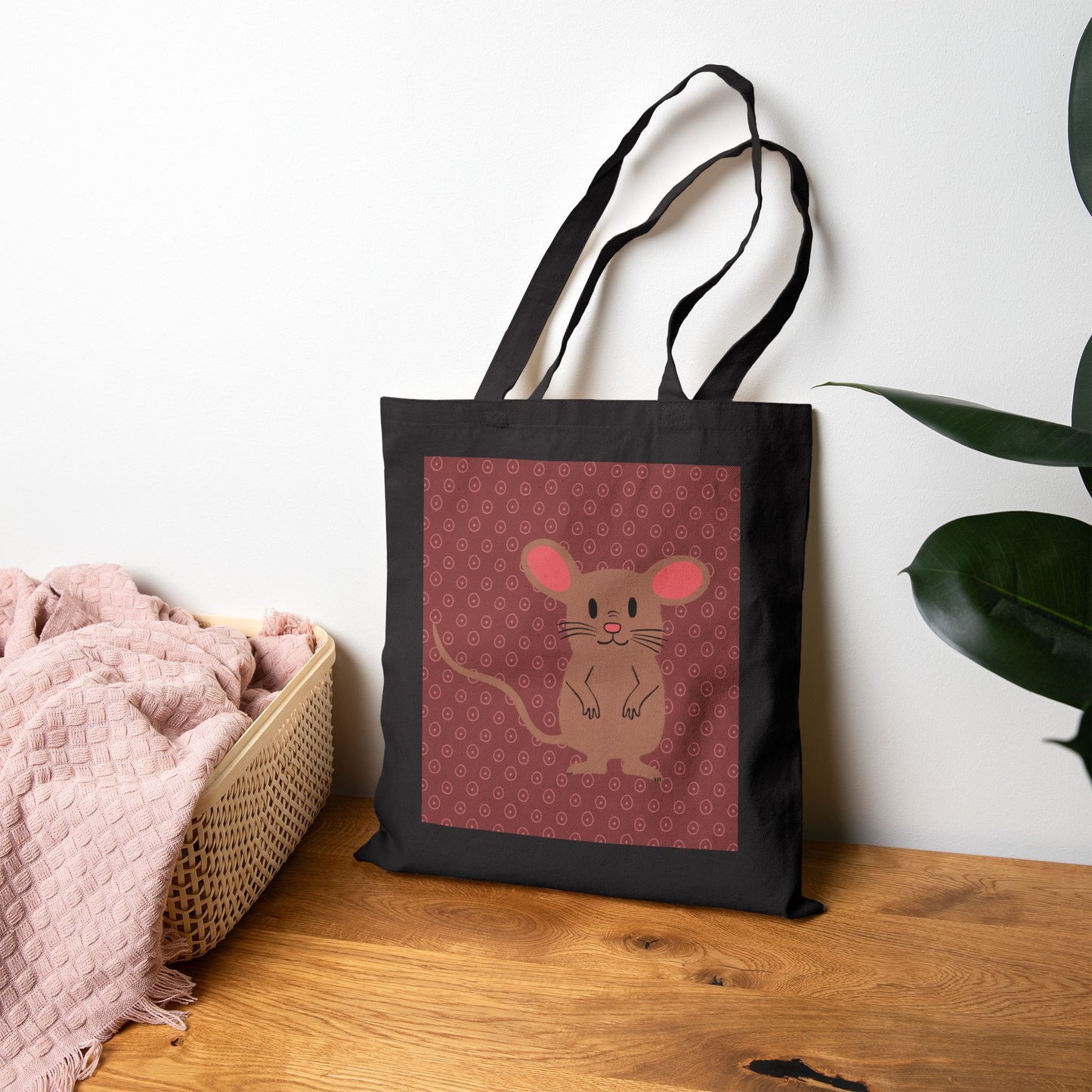 Tote Bag, Mocha Mouse Design, Cotton Canvas, Natural or Black, 15" x 16"