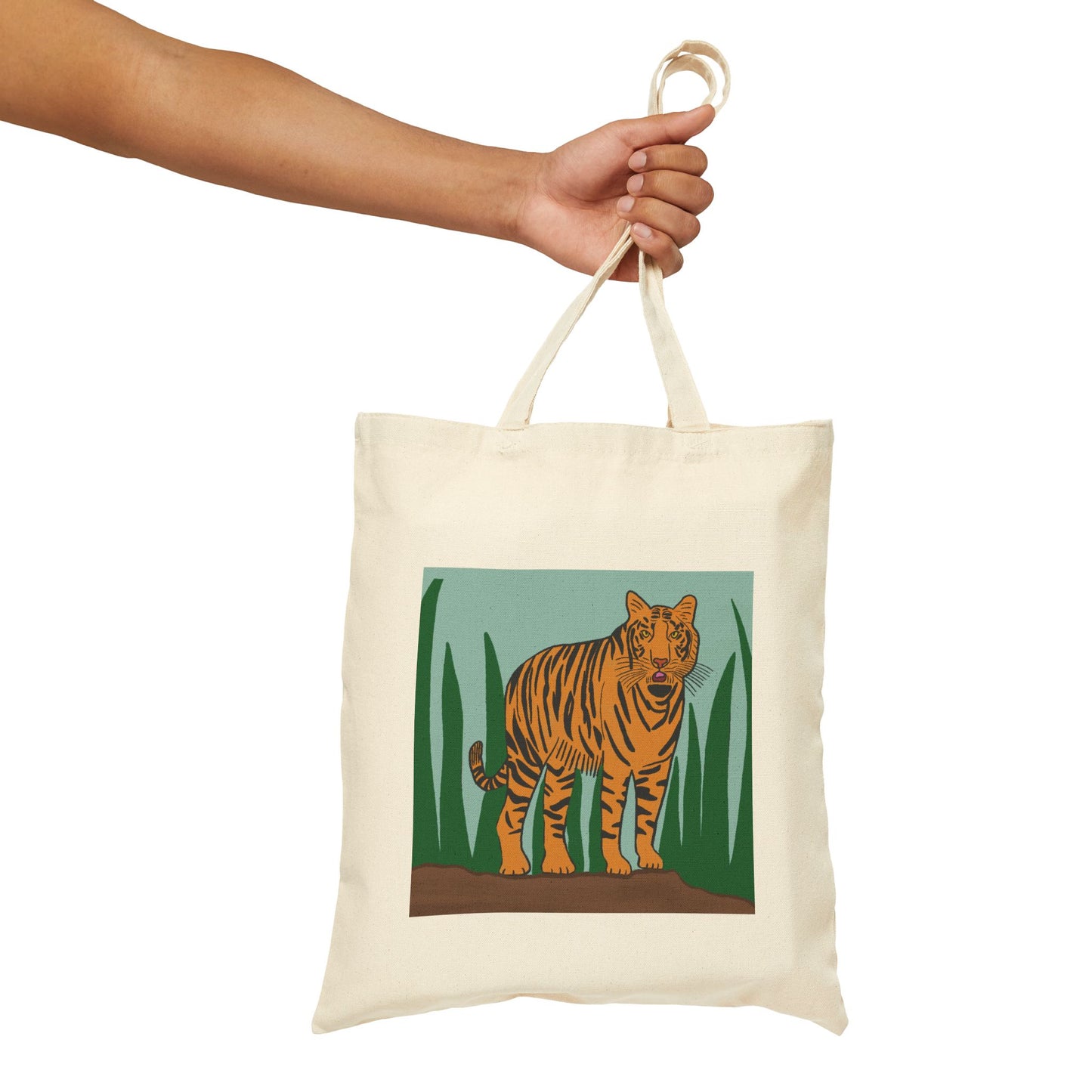Tote Bag, Tiger in Grass Design, Cotton Canvas, Natural or Black, 15" x 16"