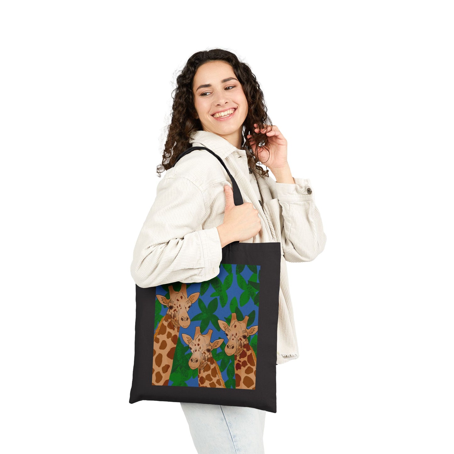 Tote Bag, Giraffe Trio on Leaves Design, Cotton Canvas, Black or Natural, 15" x 16"