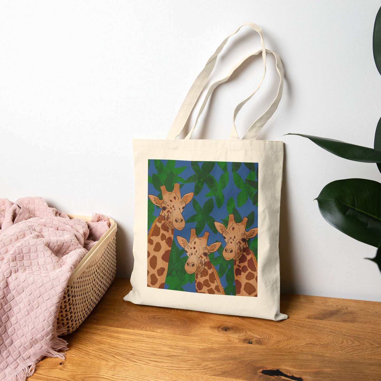 Tote Bag, Giraffe Trio on Leaves Design, Cotton Canvas, Black or Natural, 15" x 16"