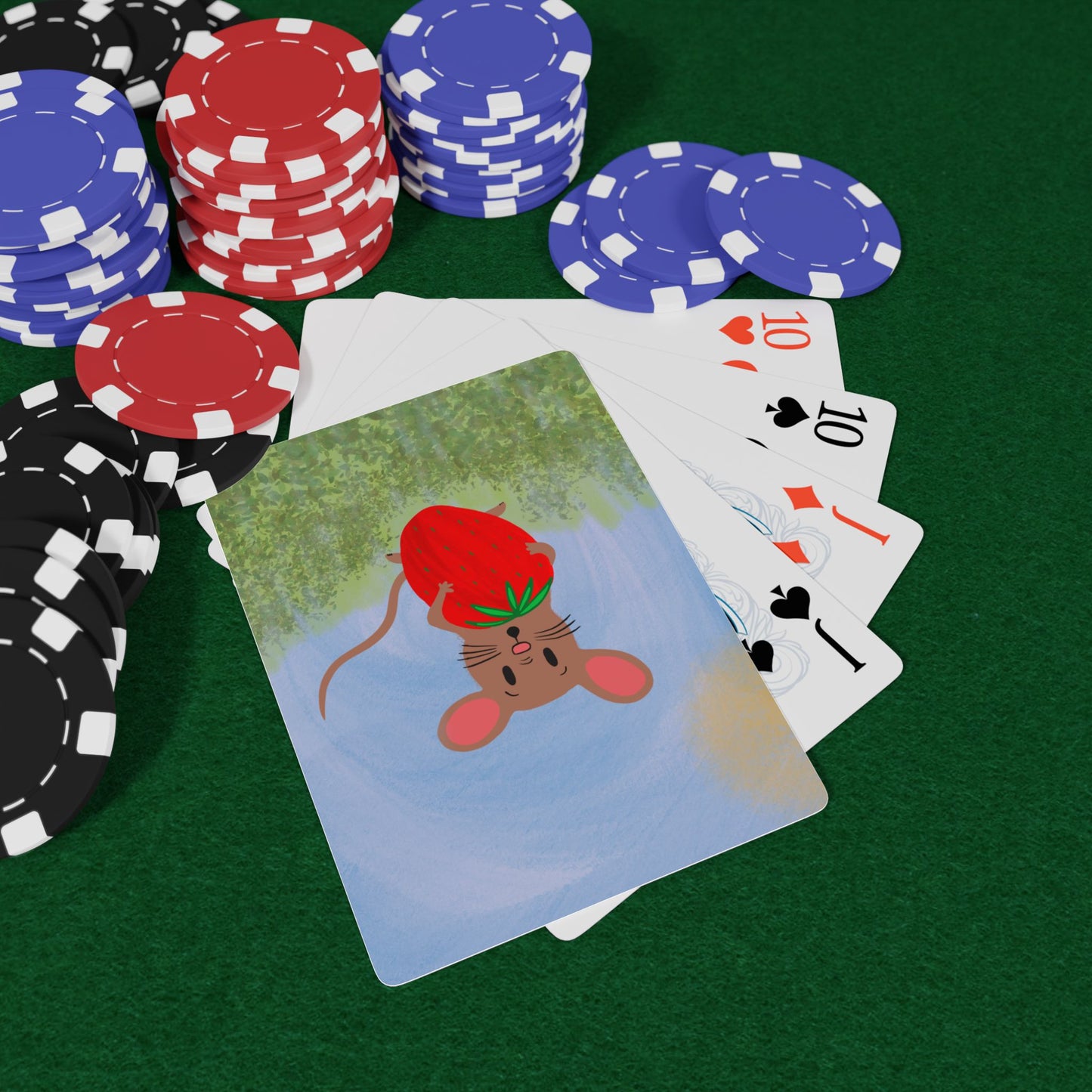 Playing Cards, Mocha Mouse Lifting Strawberry Design, 1 Deck of Standard Cards, Family Fun