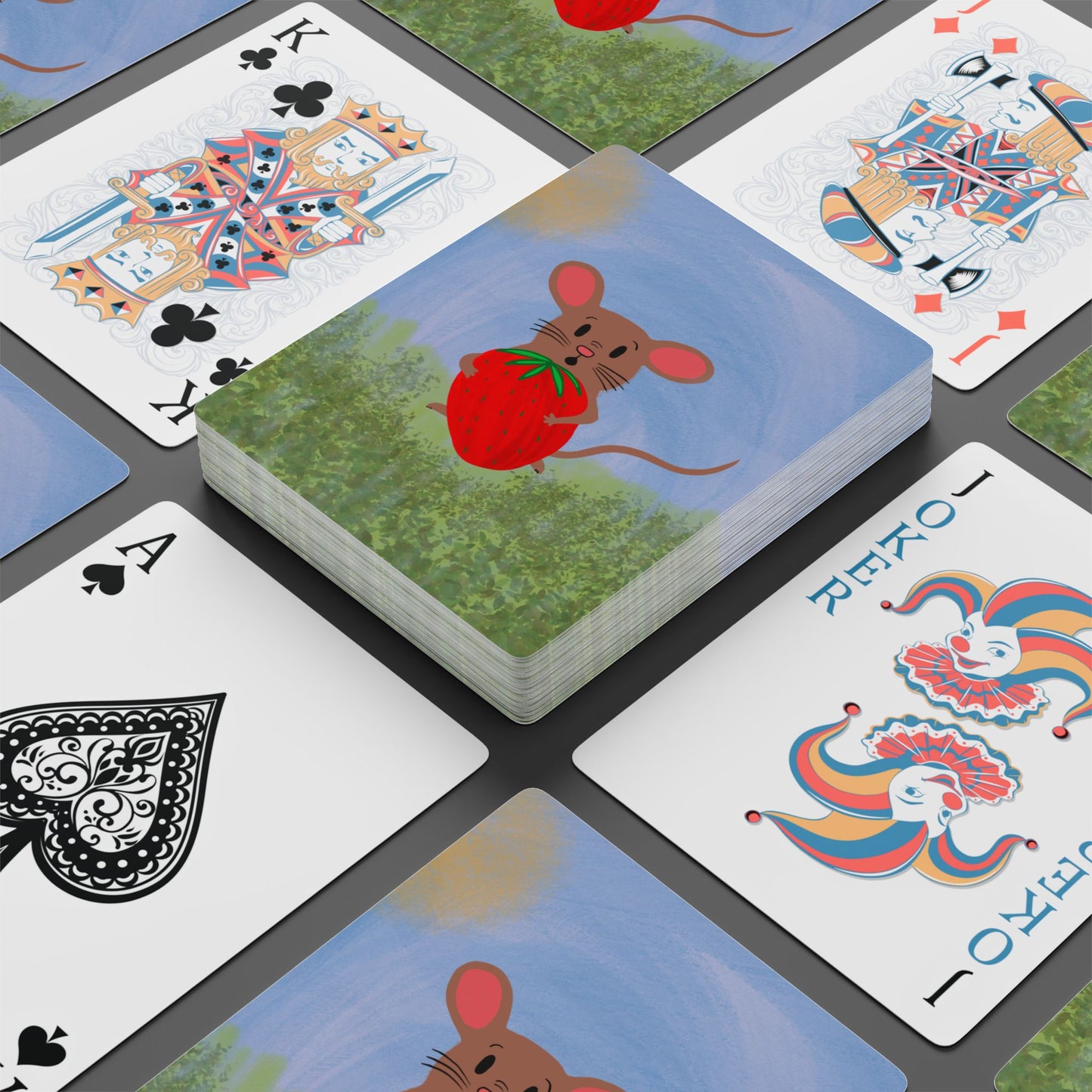 Playing Cards, Mocha Mouse Lifting Strawberry Design, 1 Deck of Standard Cards, Family Fun