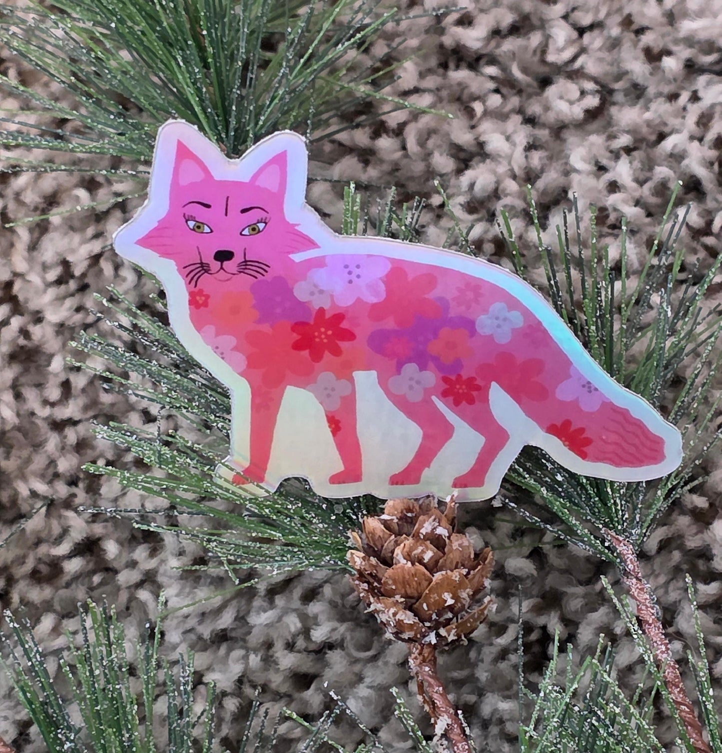 Sticker, Holographic, Pink Fox, Vinyl, Die-Cut, 3 Inch