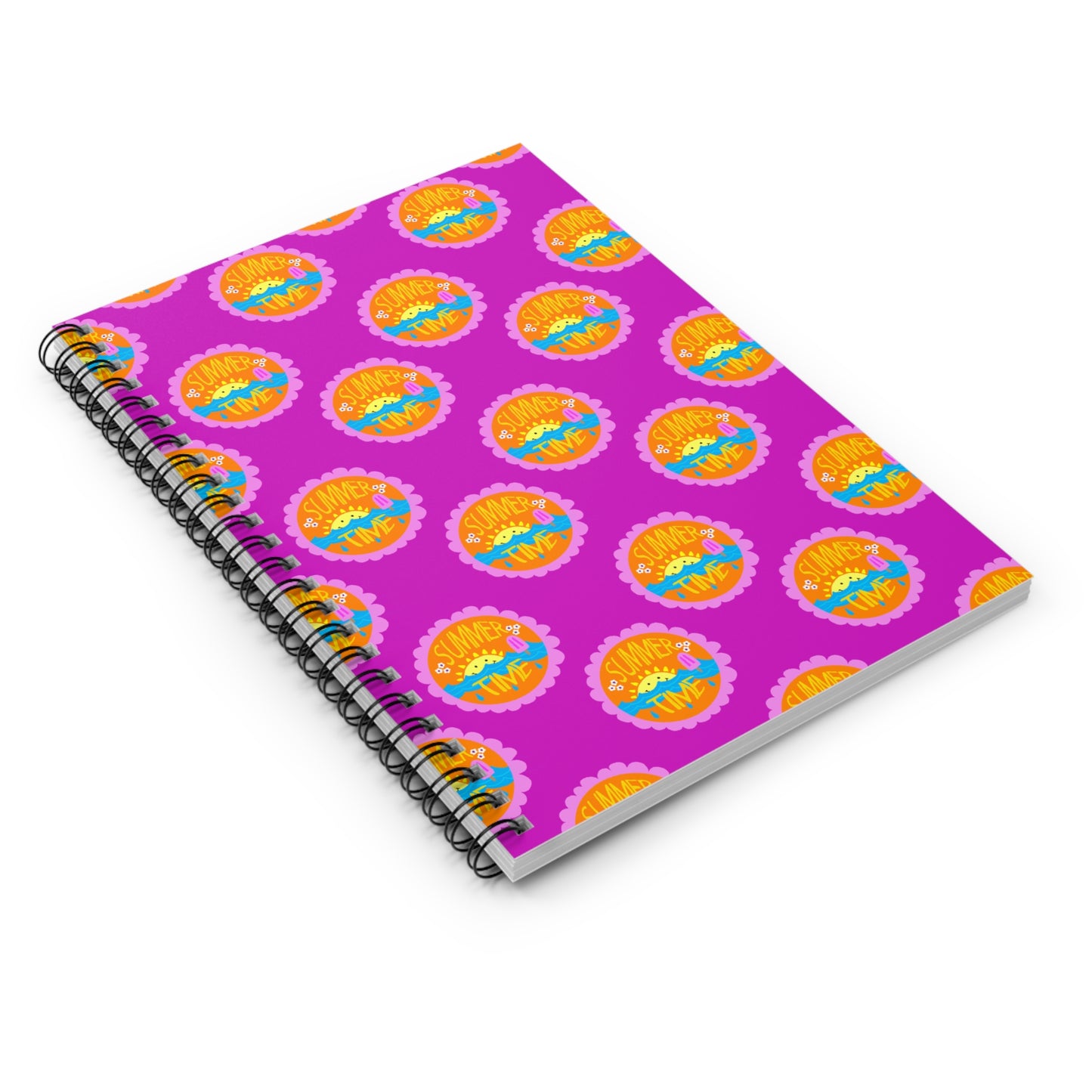 Spiral Notebook, Bright Summer Sunshine Design on Pink, 6" x 8", Inside Pocket, Lined Pages