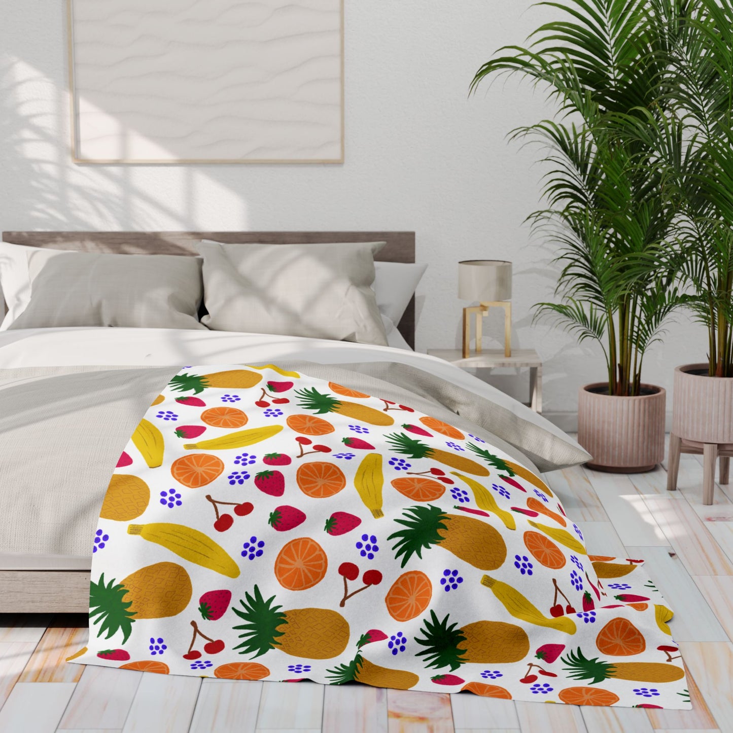Blanket Fleece With Charming Fruit Design on White Background, 2 Sizes, Blanket and Throw