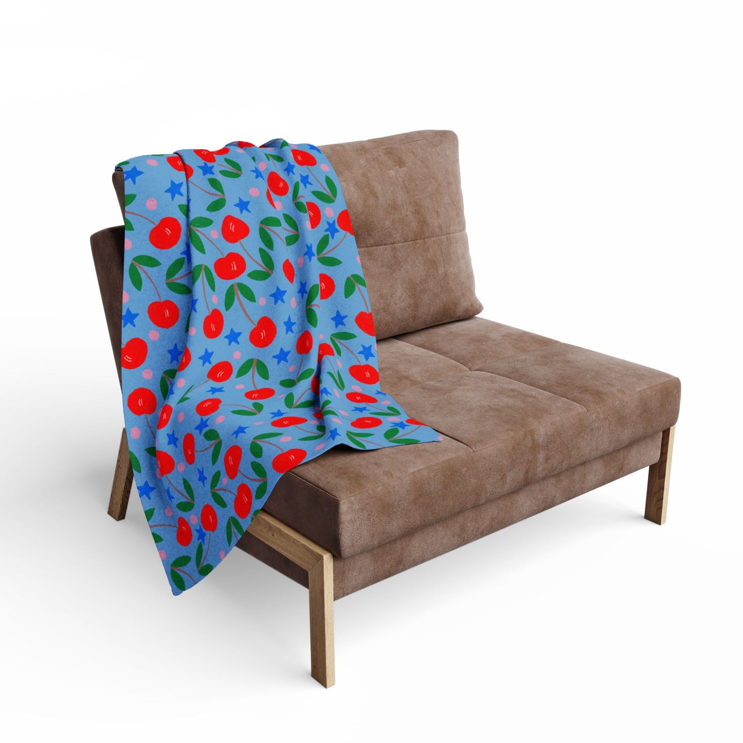 Blanket Fleece With Charming Cherry Design on Blue Background, 2 Sizes, Blanket or Throw